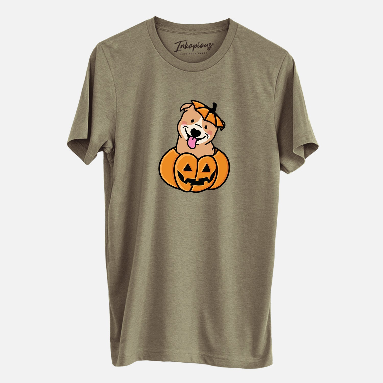 'Pumpkin Pup - Pitbull' design on an Olive Unisex crewneck, worn by a man