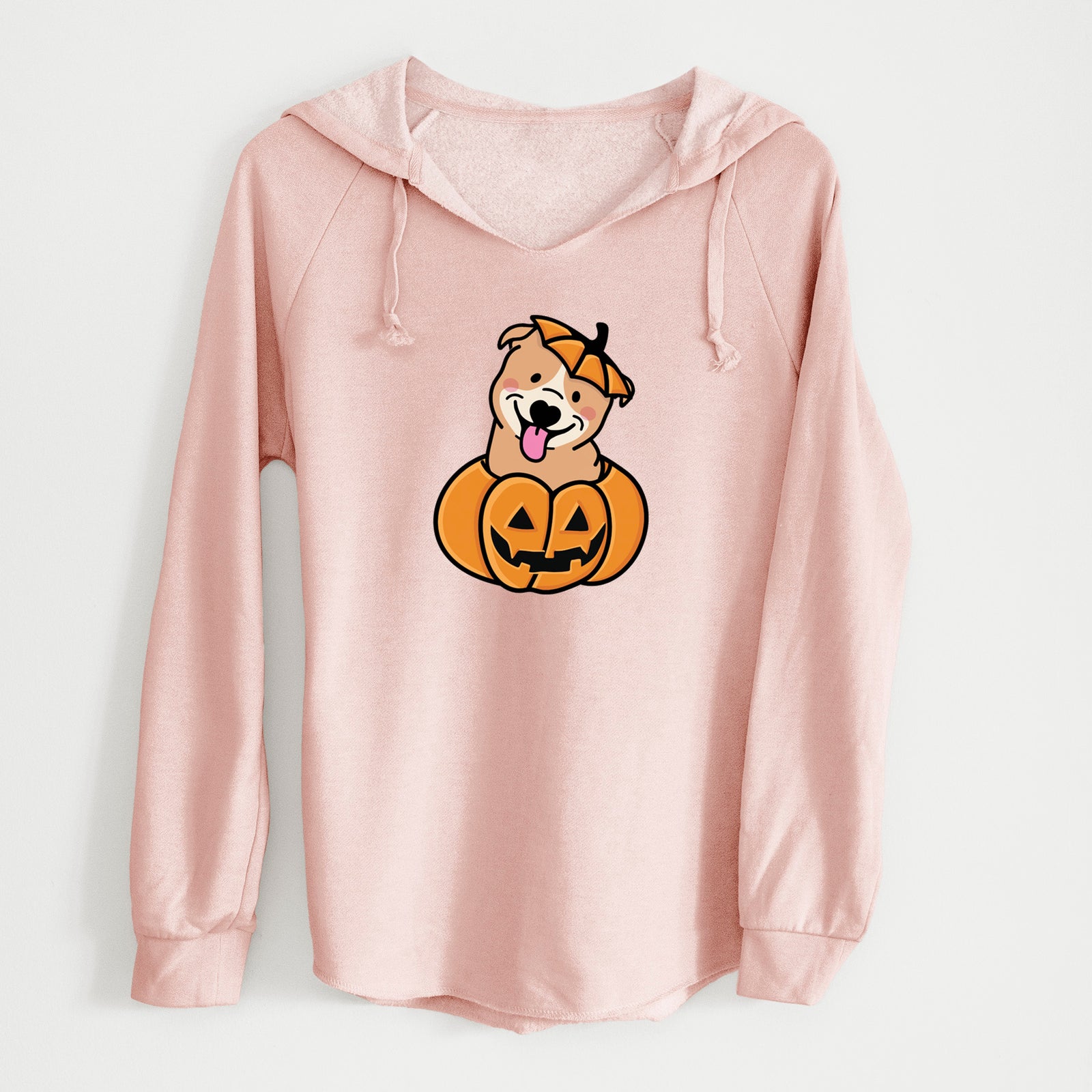 'Pumpkin Pup - Pitbull' design on a Blush Cali Wave Hooded Sweatshirt