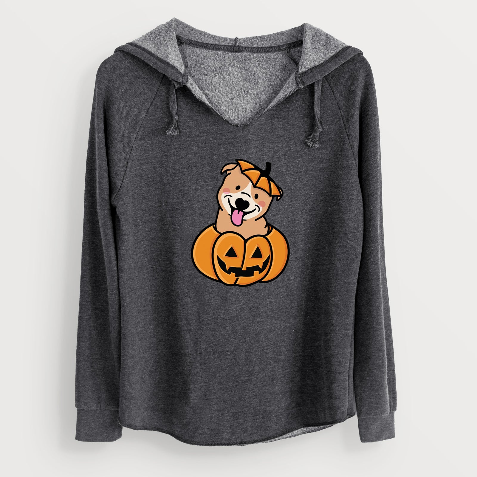 'Pumpkin Pup - Pitbull' design on a Charcoal Cali Wave Hooded Sweatshirt