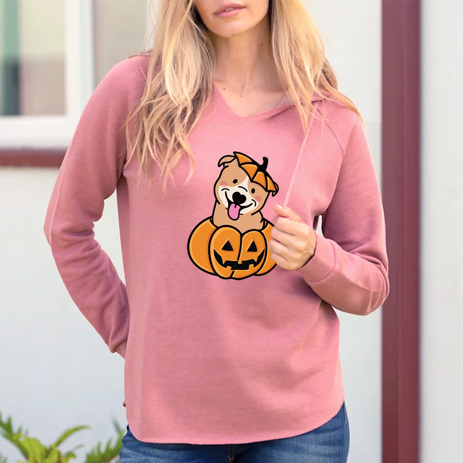 'Pumpkin Pup - Pitbull' design on a Dusty Rose Cali Wave Hooded Sweatshirt, lifestyle photo