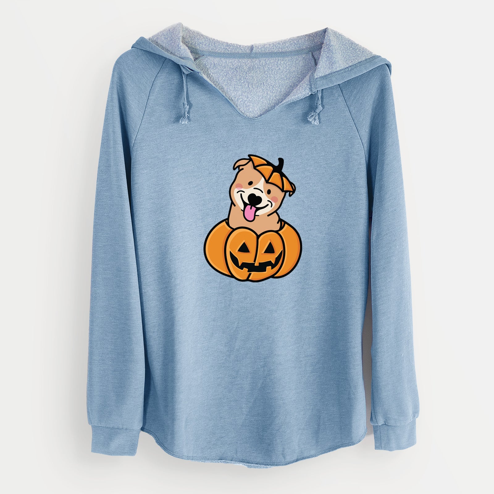'Pumpkin Pup - Pitbull' design on a Misty Blue Cali Wave Hooded Sweatshirt