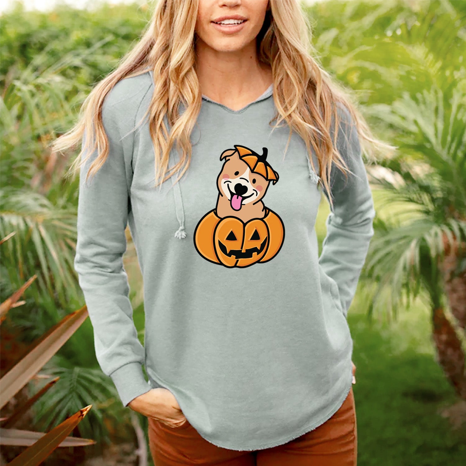 'Pumpkin Pup - Pitbull' design on a Sage Cali Wave Hooded Sweatshirt, lifestyle photo