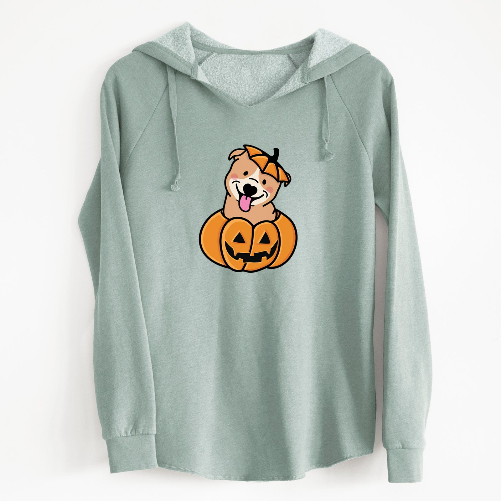 'Pumpkin Pup - Pitbull' design on a Sage Cali Wave Hooded Sweatshirt