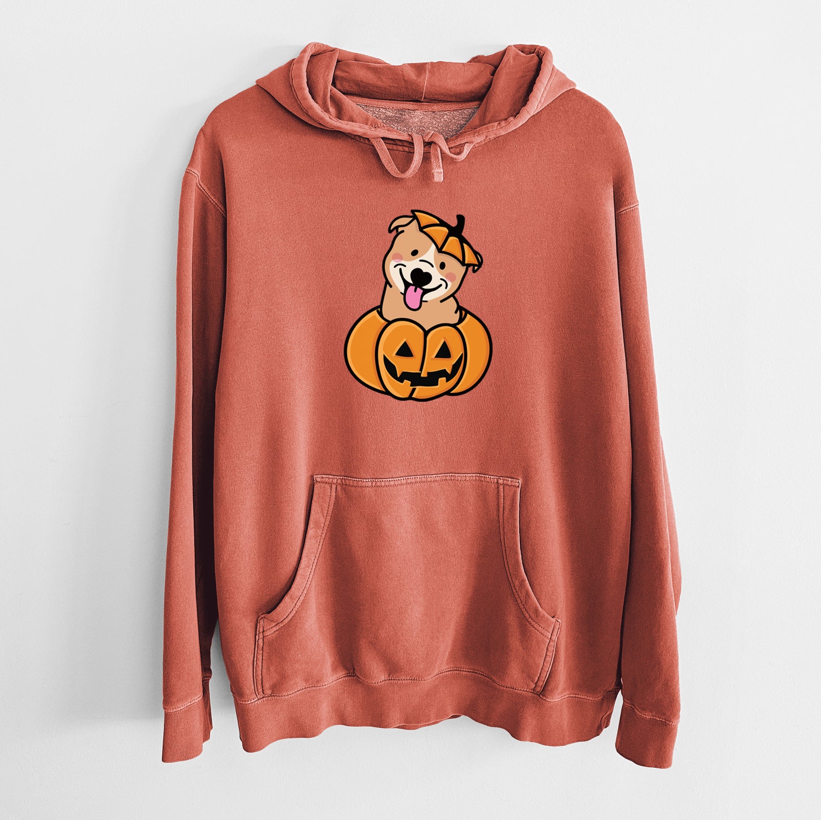 'Pumpkin Pup - Pitbull' design on an Amber Unisex pigment dyed hoodie