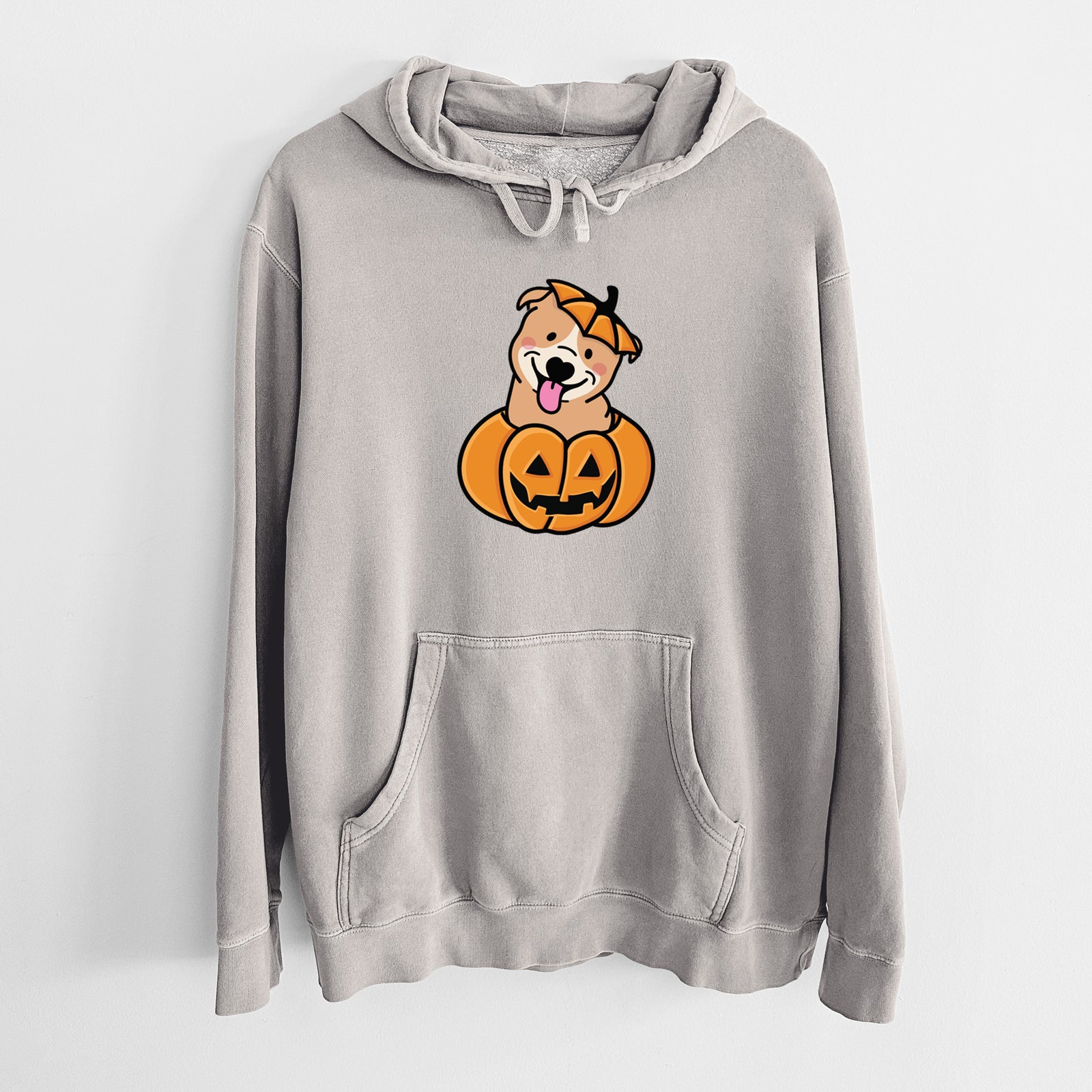 'Pumpkin Pup - Pitbull' design on a Cement Unisex pigment dyed hoodie