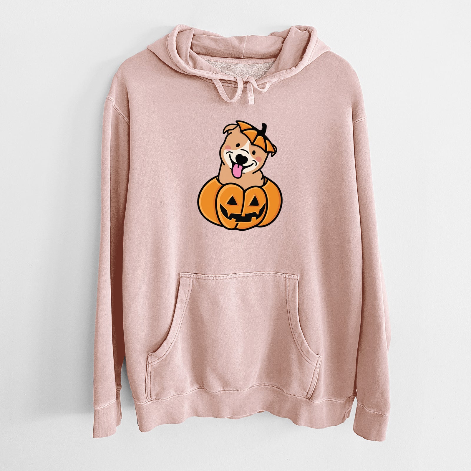 'Pumpkin Pup - Pitbull' design on a Dusty Pink Unisex pigment dyed hoodie