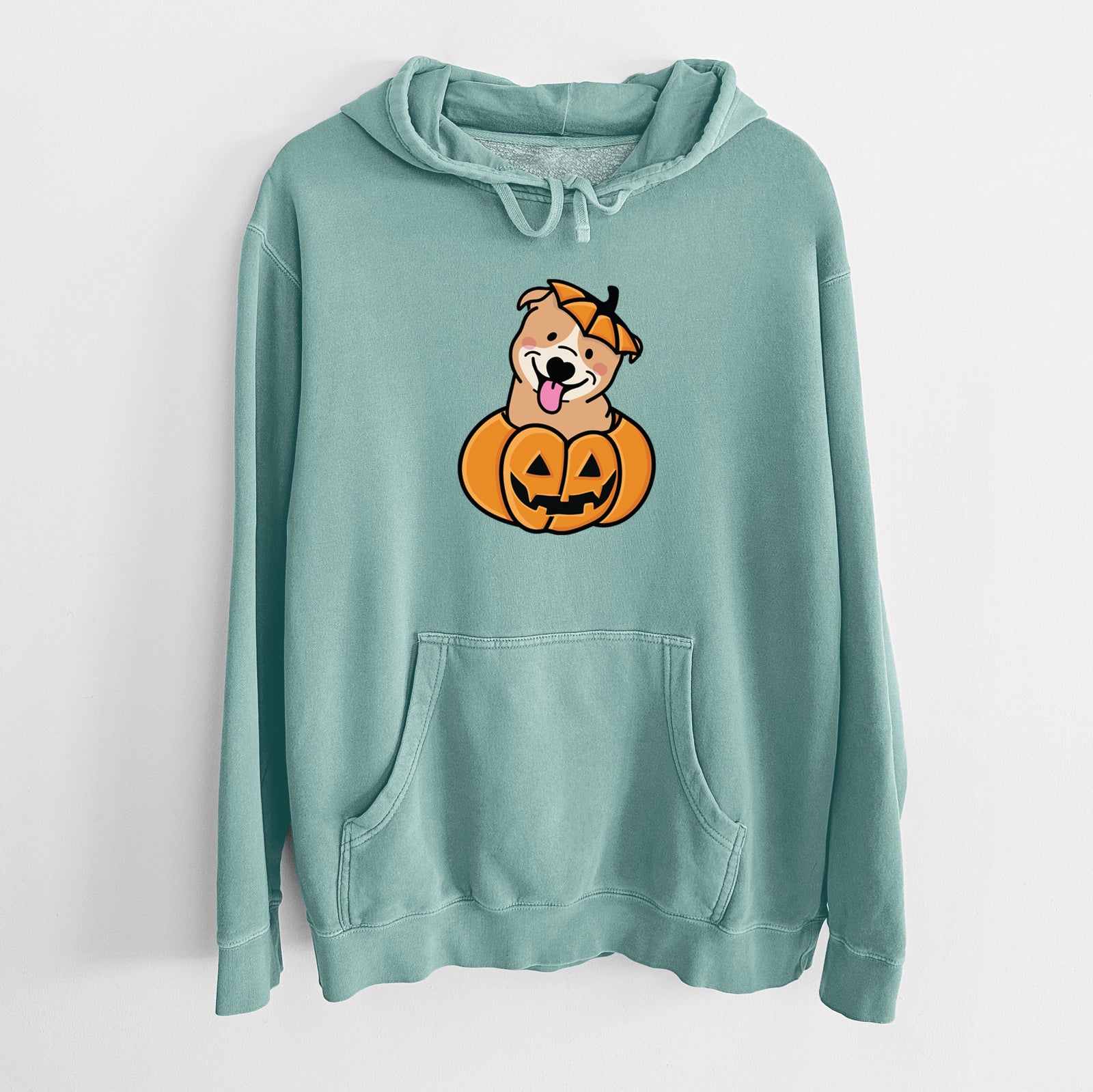'Pumpkin Pup - Pitbull' design on a Mint Unisex pigment dyed hoodie