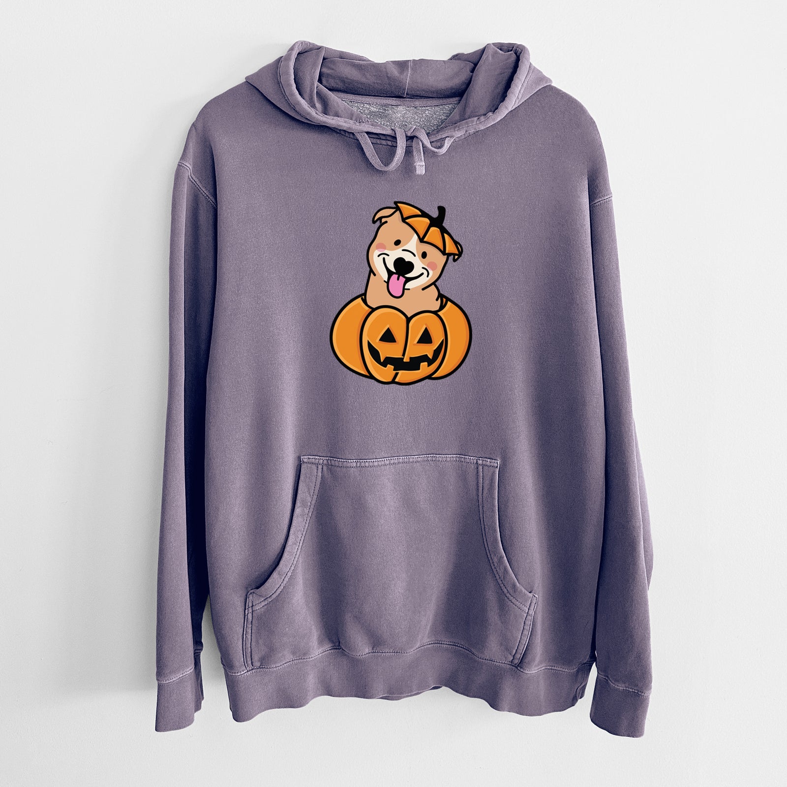 'Pumpkin Pup - Pitbull' design on a Plum Unisex pigment dyed hoodie
