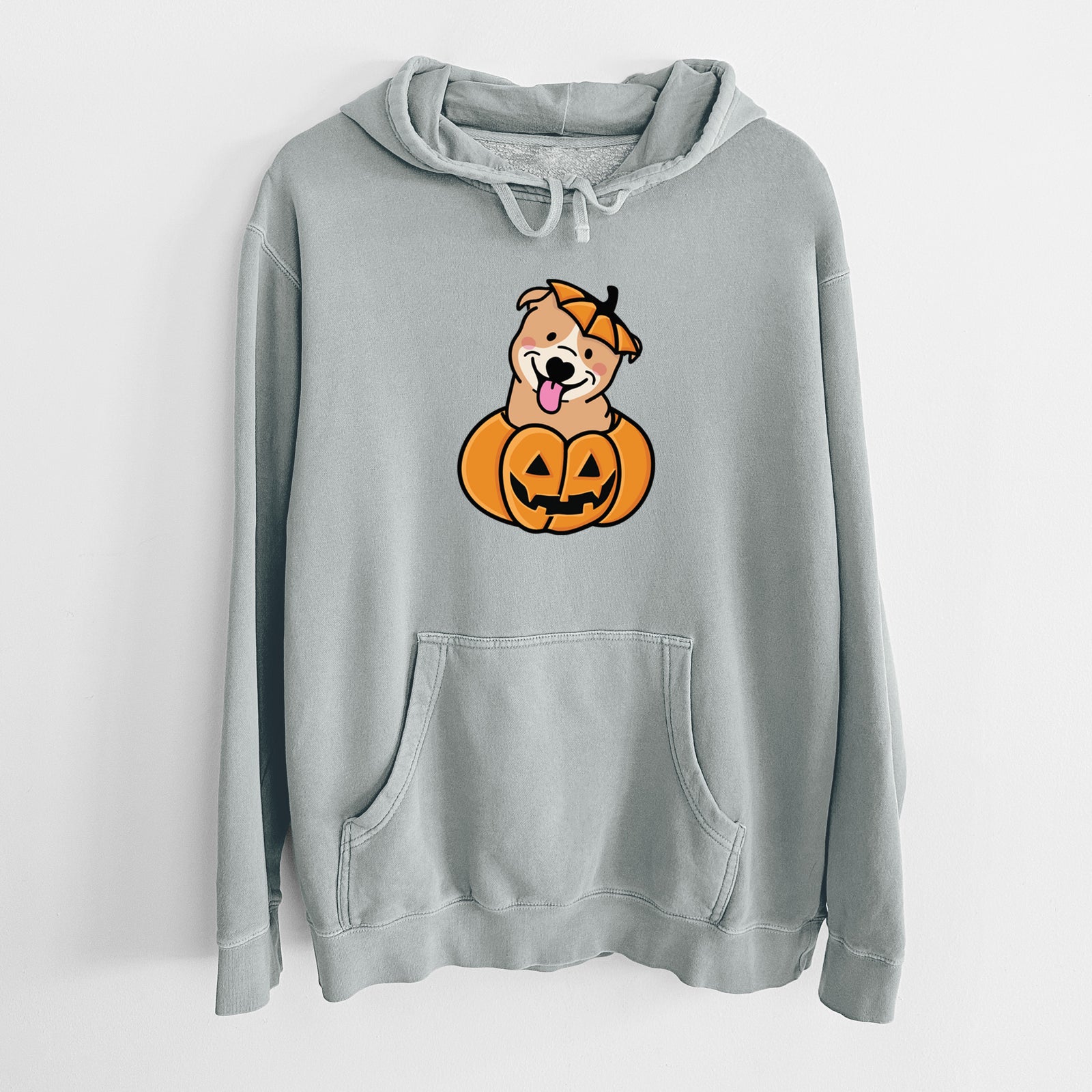 'Pumpkin Pup - Pitbull' design on a Sage Unisex pigment dyed hoodie
