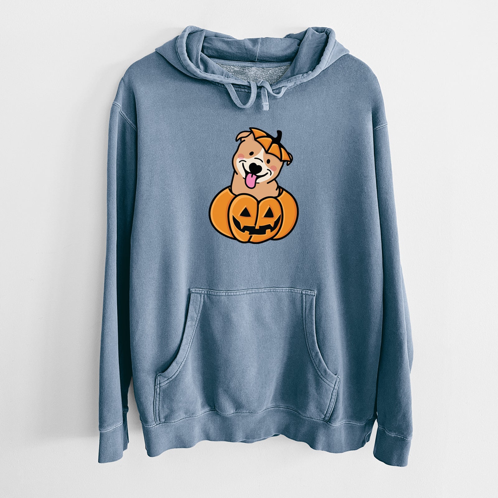 'Pumpkin Pup - Pitbull' design on a Slate Blue Unisex pigment dyed hoodie