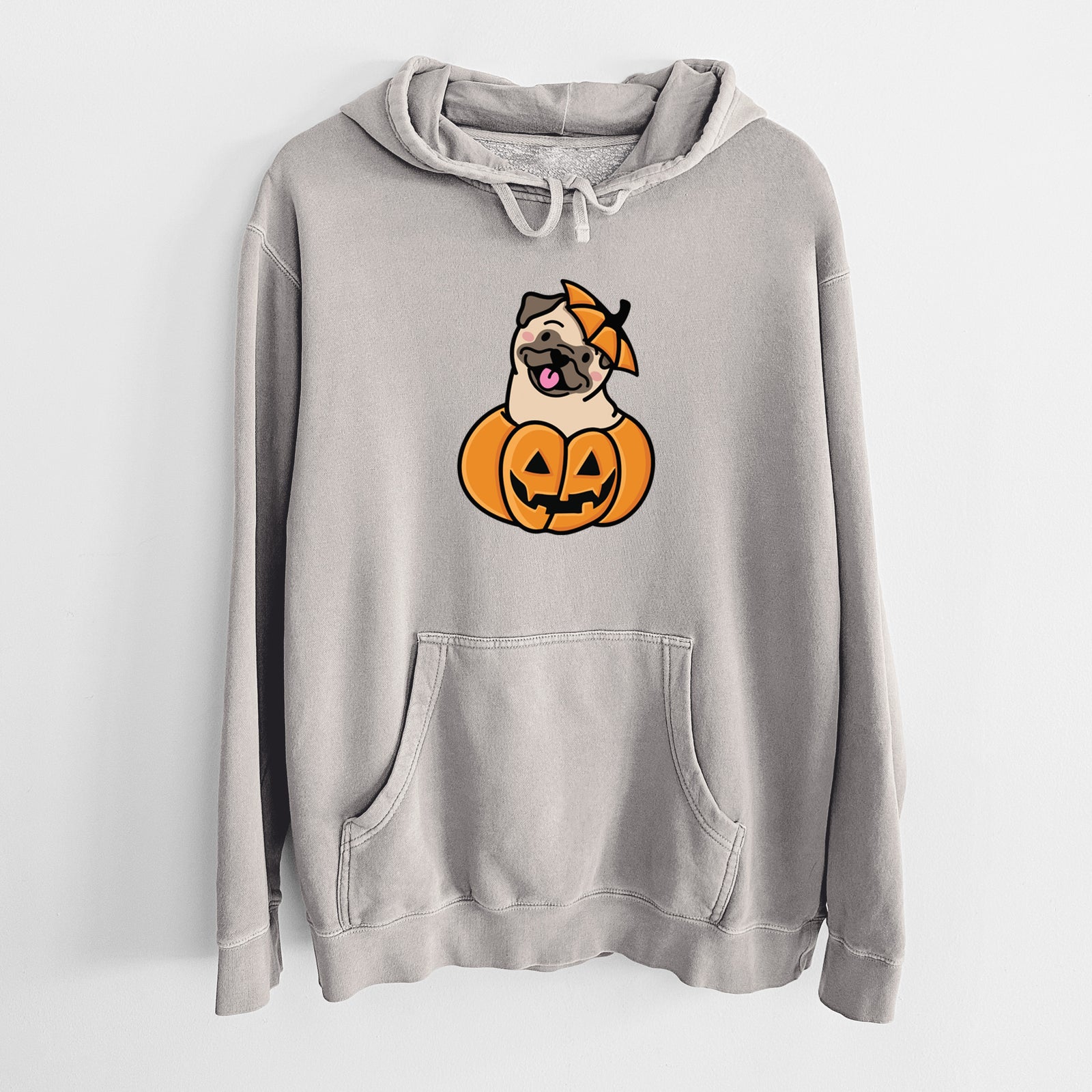 'Pumpkin Pup - Pug' design on a Cement Unisex pigment dyed hoodie