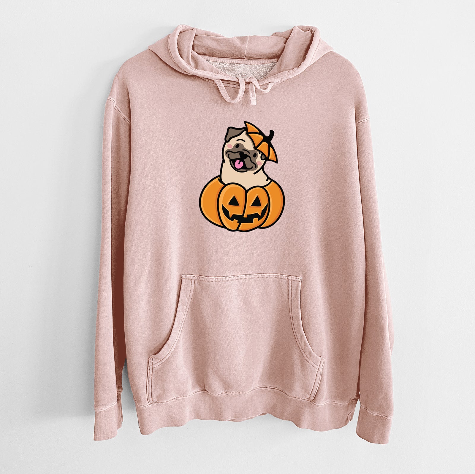 'Pumpkin Pup - Pug' design on a Dusty Pink Unisex pigment dyed hoodie