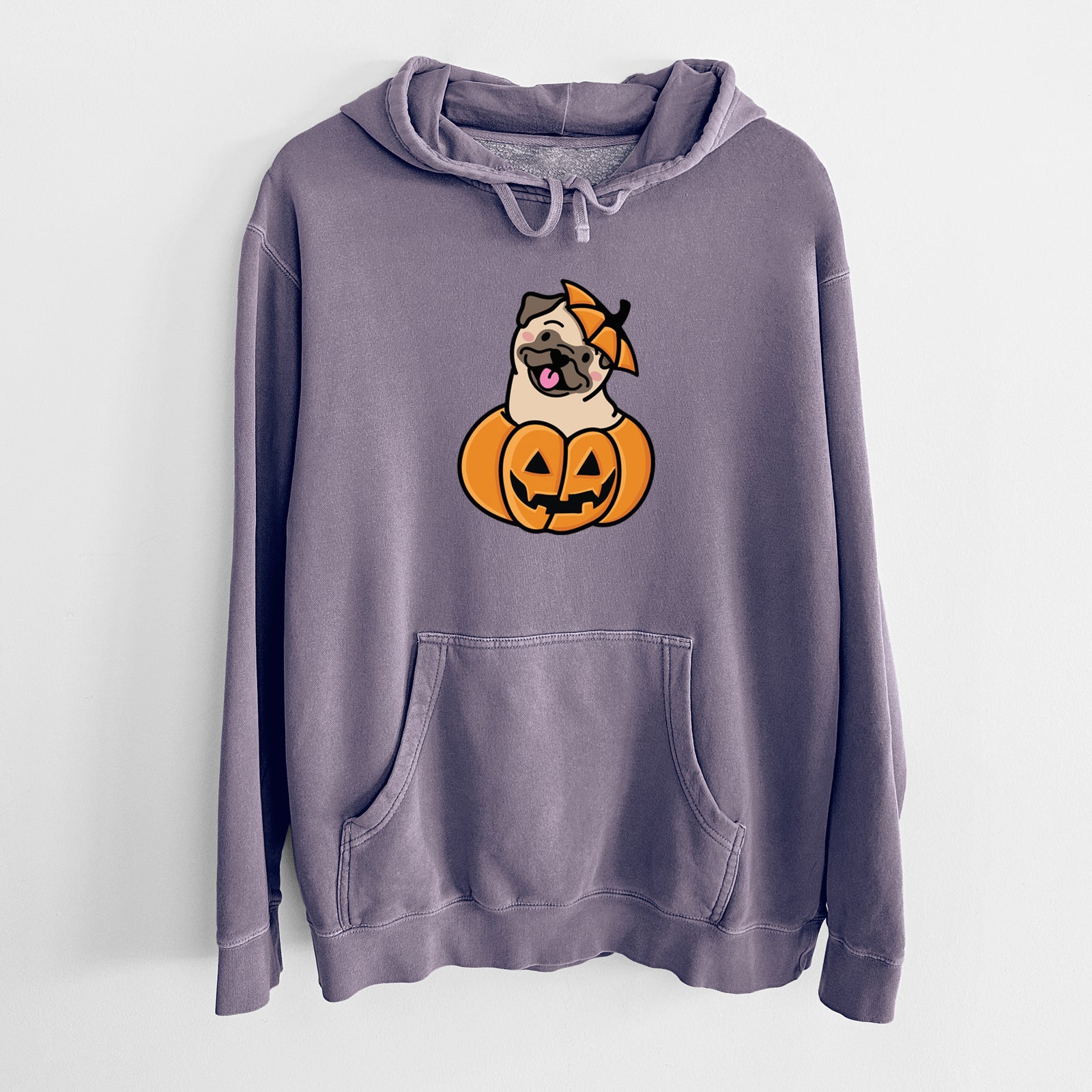 'Pumpkin Pup - Pug' design on a Plum Unisex pigment dyed hoodie