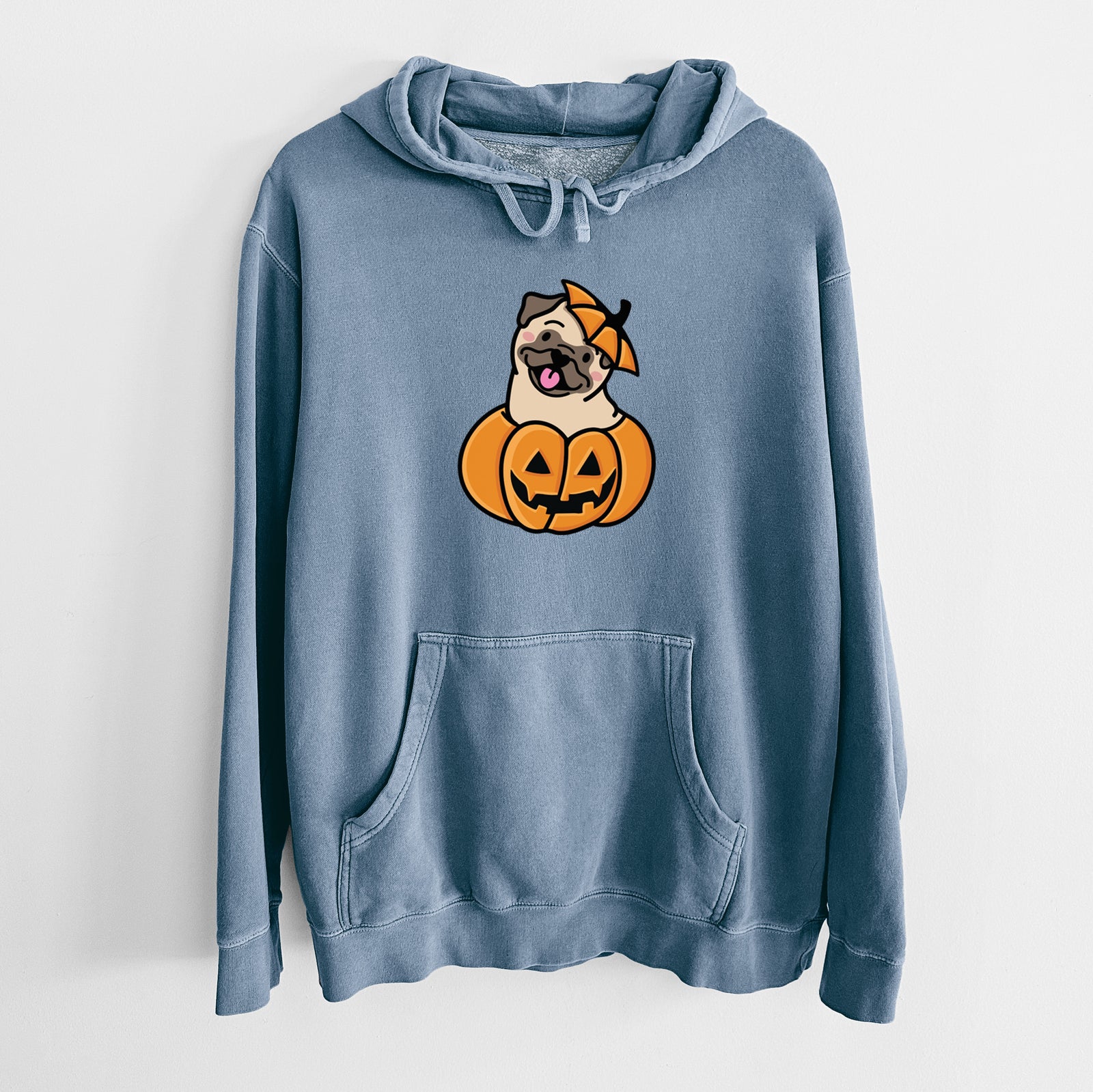 'Pumpkin Pup - Pug' design on a Slate Blue Unisex pigment dyed hoodie