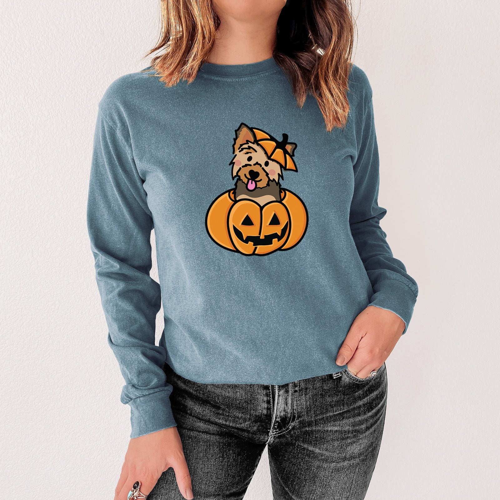Pumpkin Pup - Yorkie - Heavyweight 100% Cotton Long Sleeve