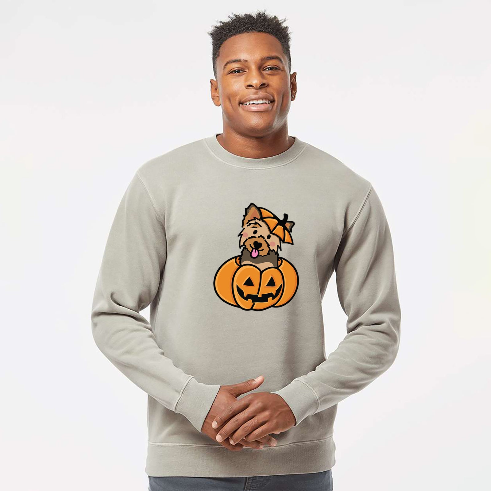 Pumpkin Pup - Yorkie - Unisex Pigment Dyed Crew Sweatshirt