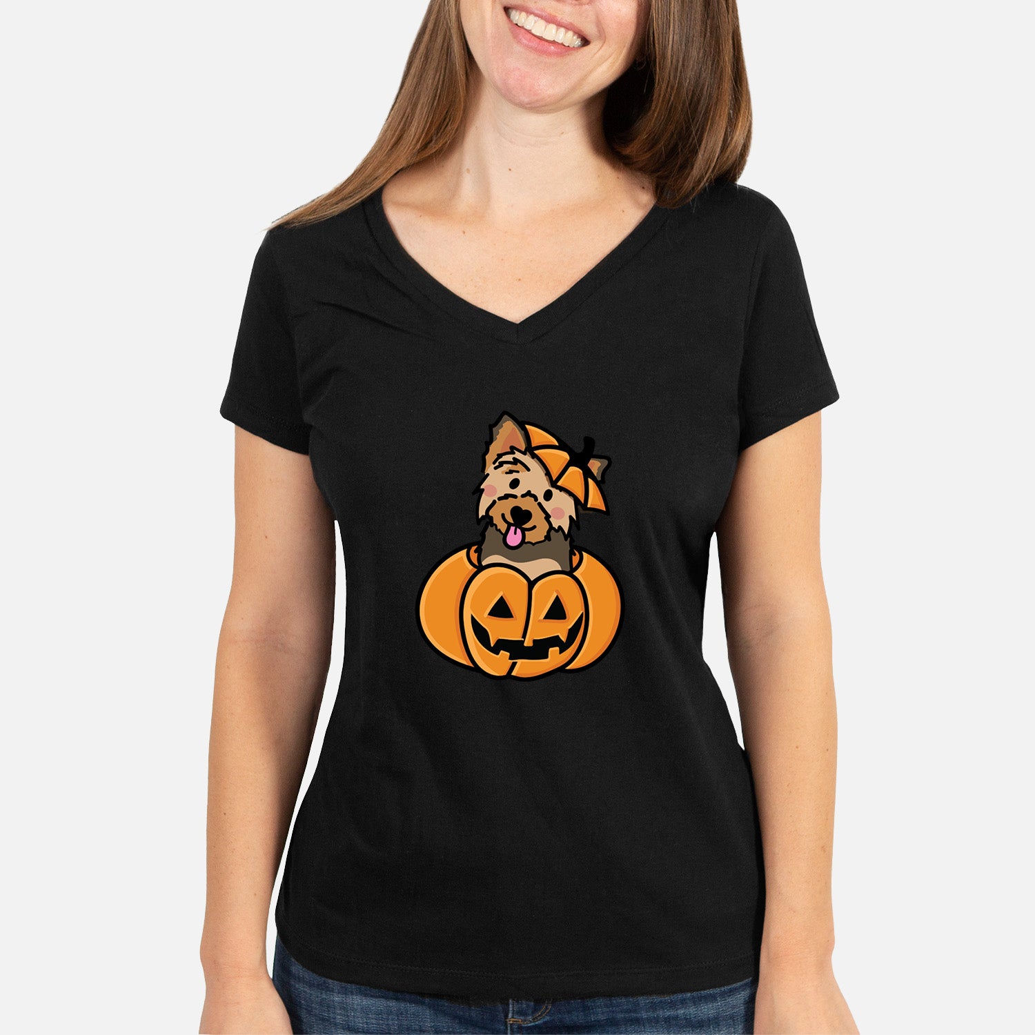 Pumpkin Pup - Yorkie - Women's Perfect V-neck Shirt