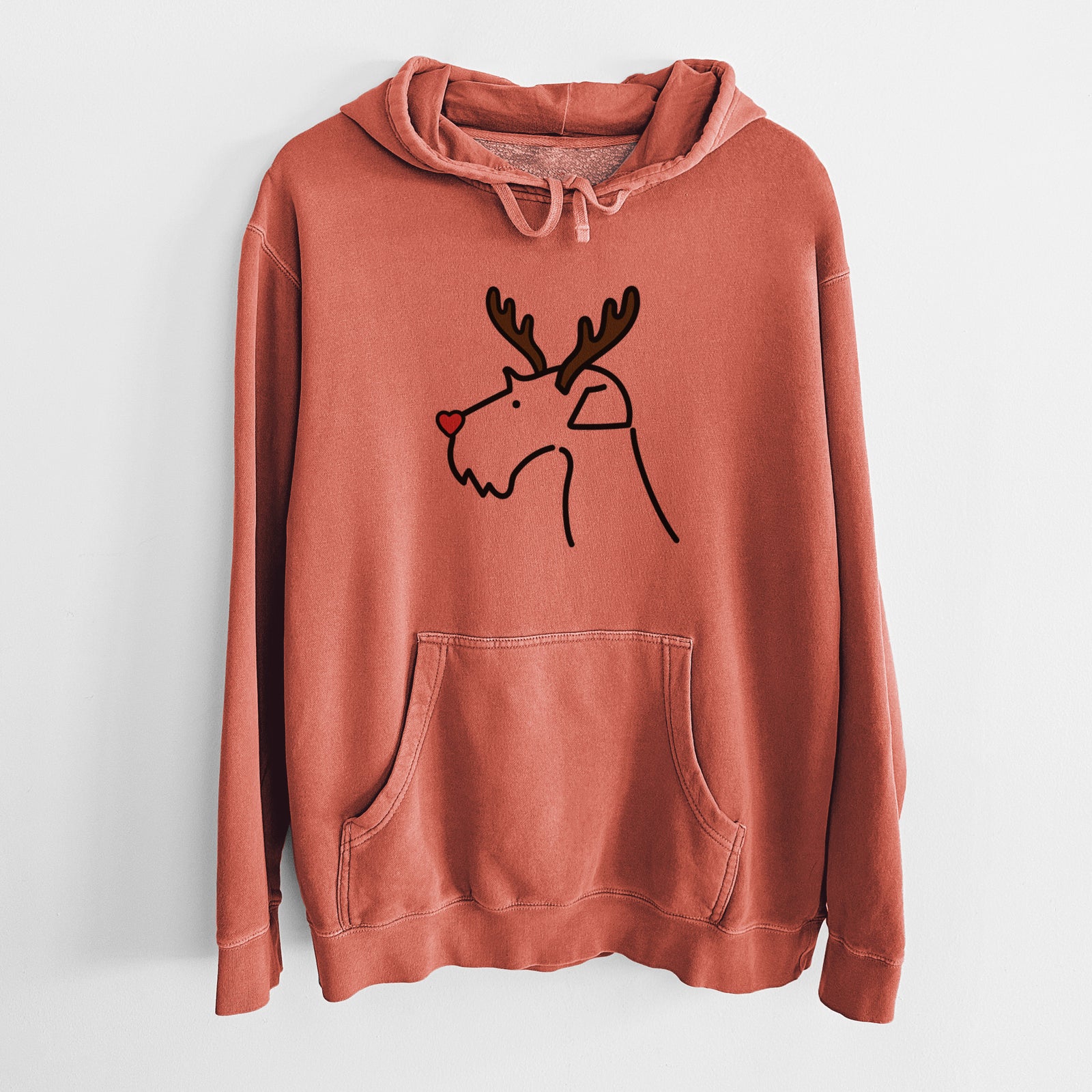 Minimalist line drawing of an Airedale Terrier with reindeer antlers and a red nose on an Amber Unisex pigment dyed hoodie