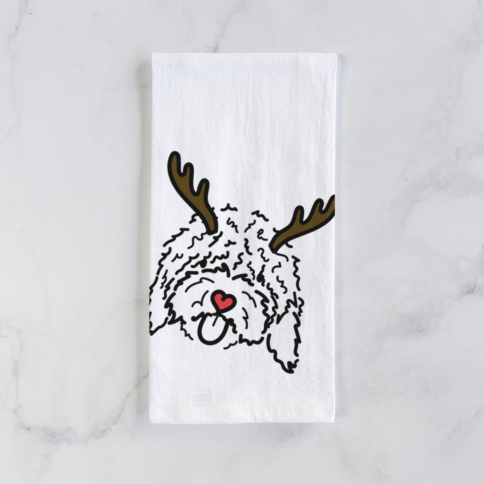 Minimalist line drawing of Antonio the Spanish Water Dog with reindeer antlers and a red nose on a tea towel