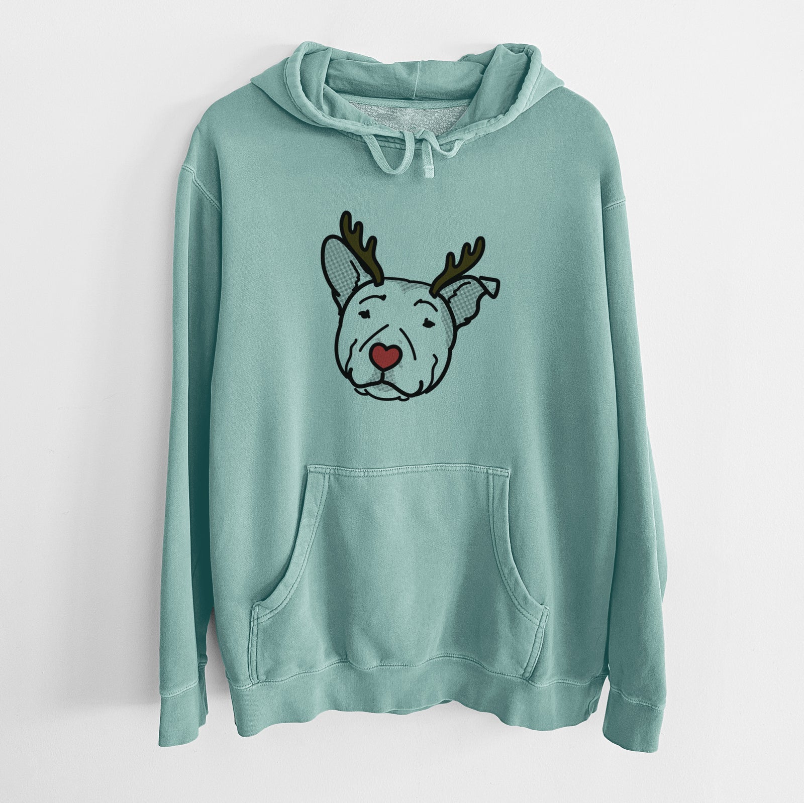 Minimalist line drawing of Archer the Pitbull with reindeer antlers and a red nose on a Mint Unisex pigment dyed hoodie