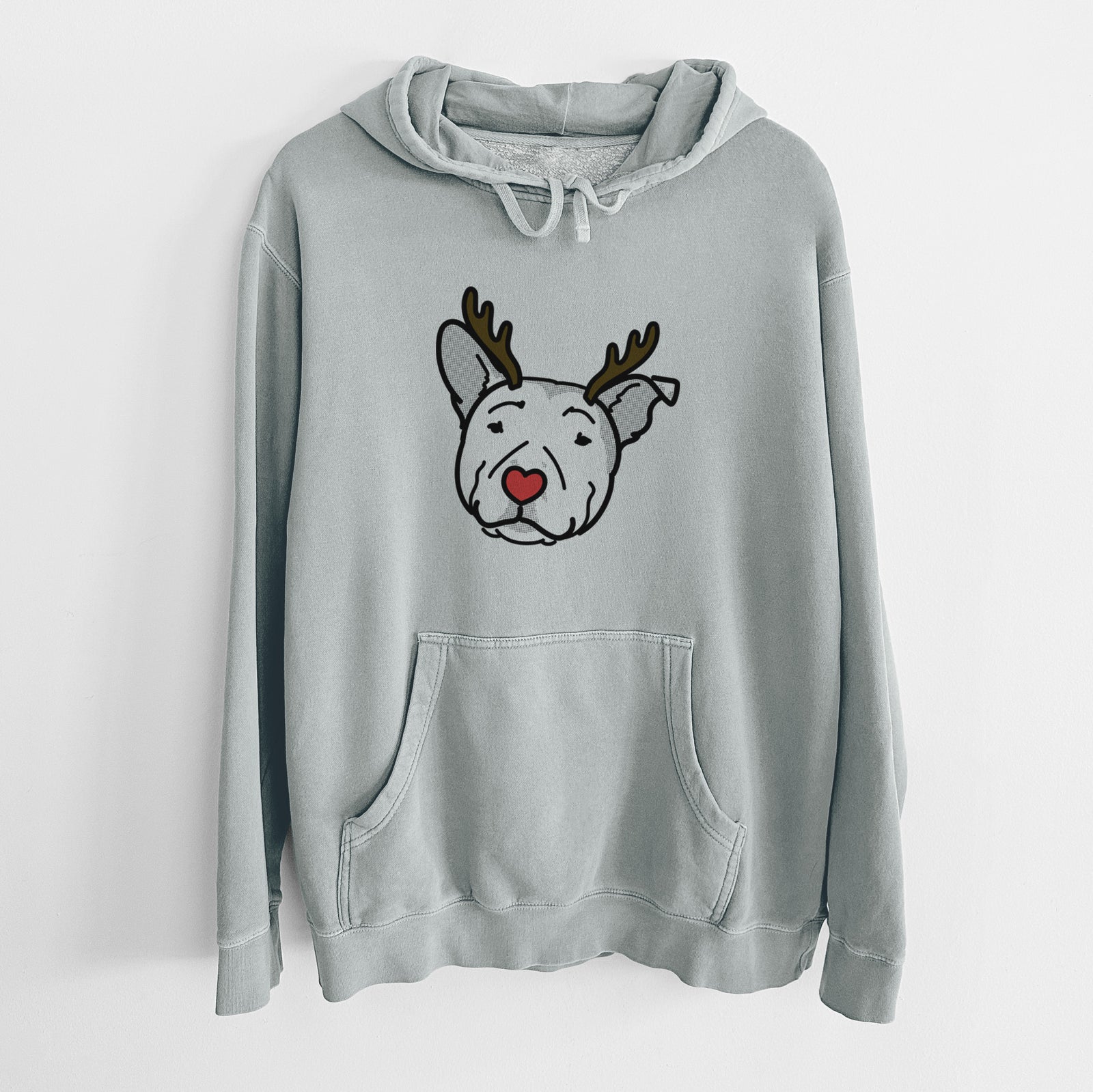 Minimalist line drawing of Archer the Pitbull with reindeer antlers and a red nose on a Sage Unisex pigment dyed hoodie