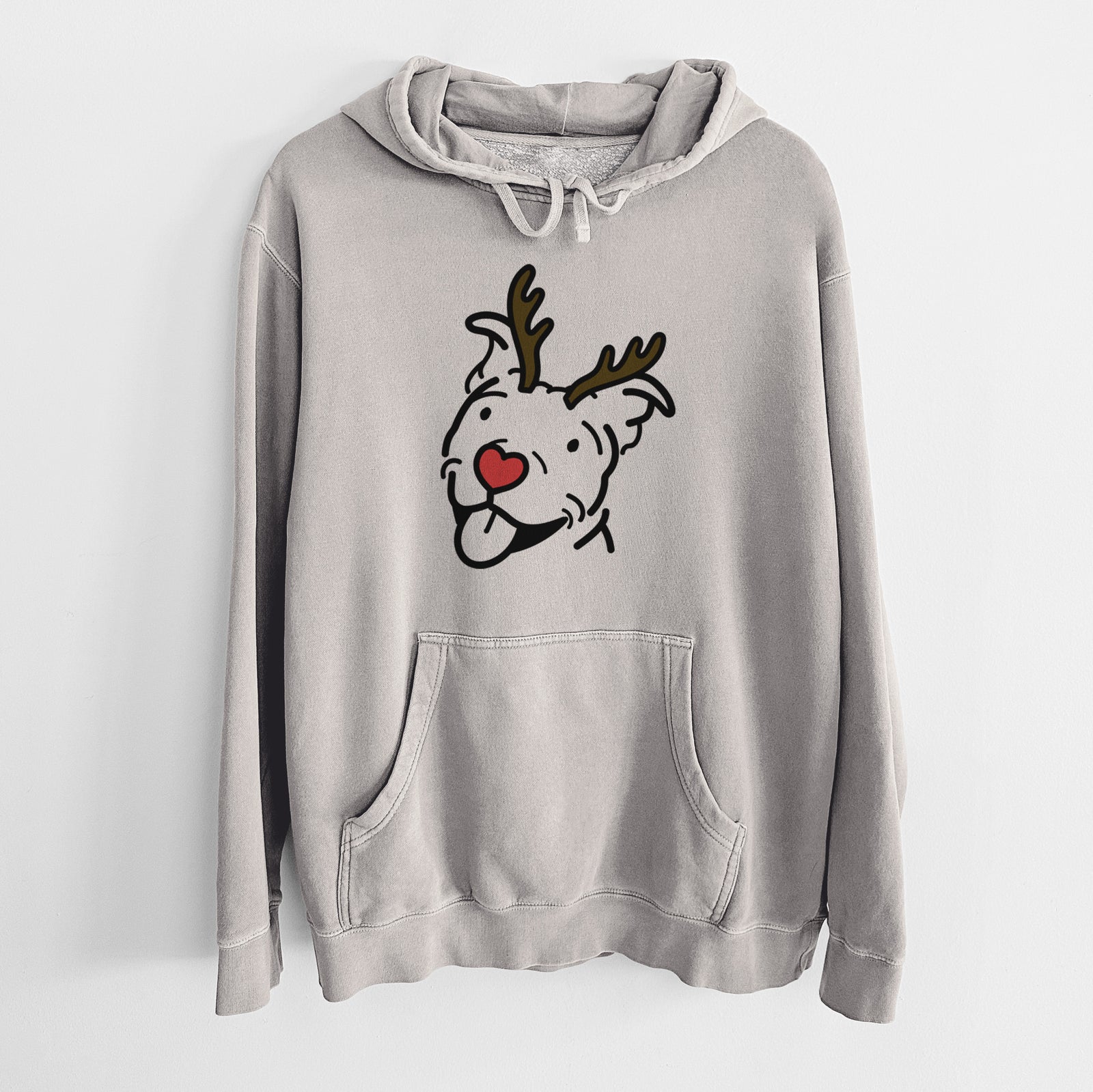 Minimalist line drawing of Arlo the Pitbull with reindeer antlers and a red nose on a Cement Unisex pigment dyed hoodie