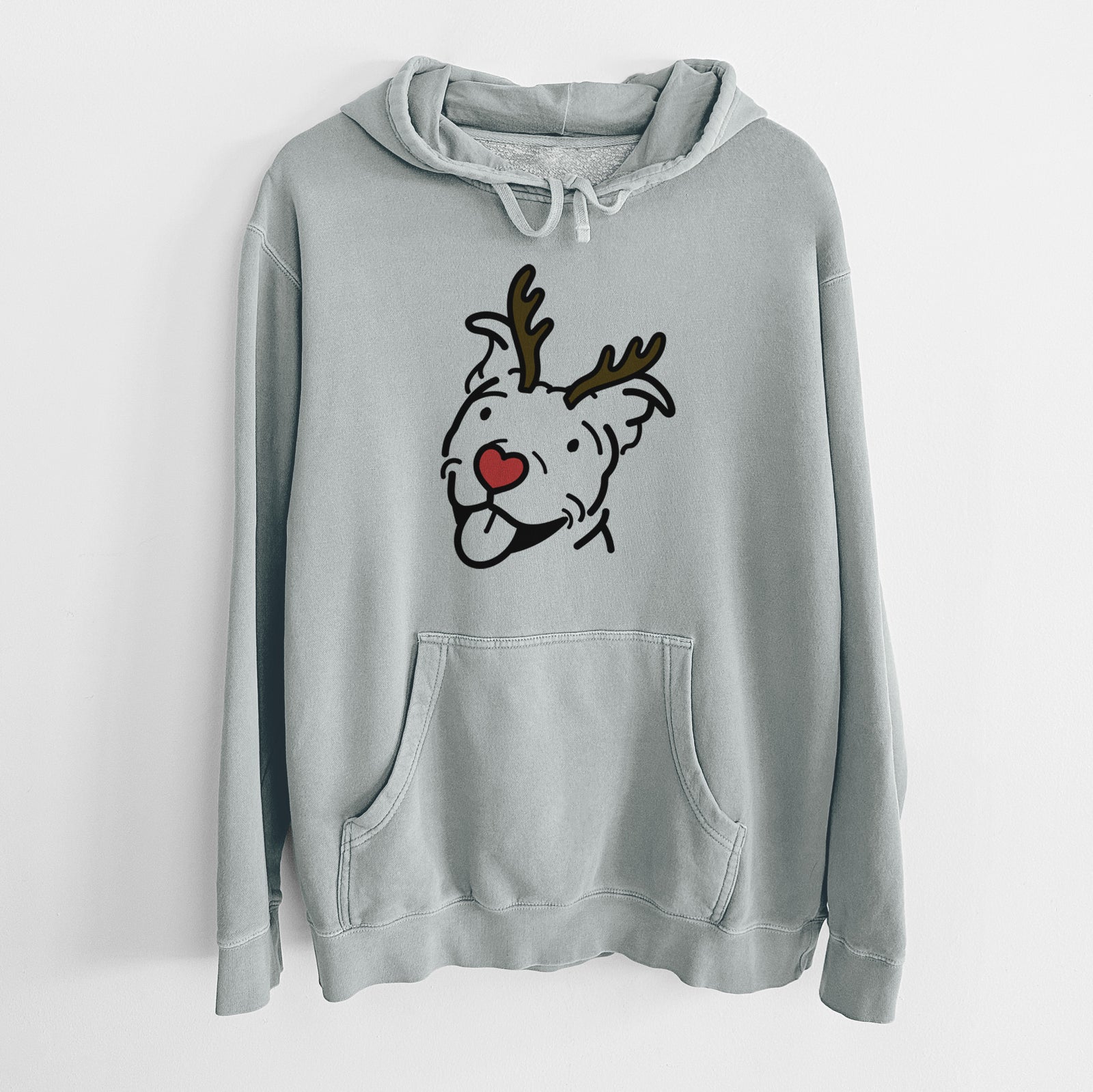 Minimalist line drawing of Arlo the Pitbull with reindeer antlers and a red nose on a Sage Unisex pigment dyed hoodie
