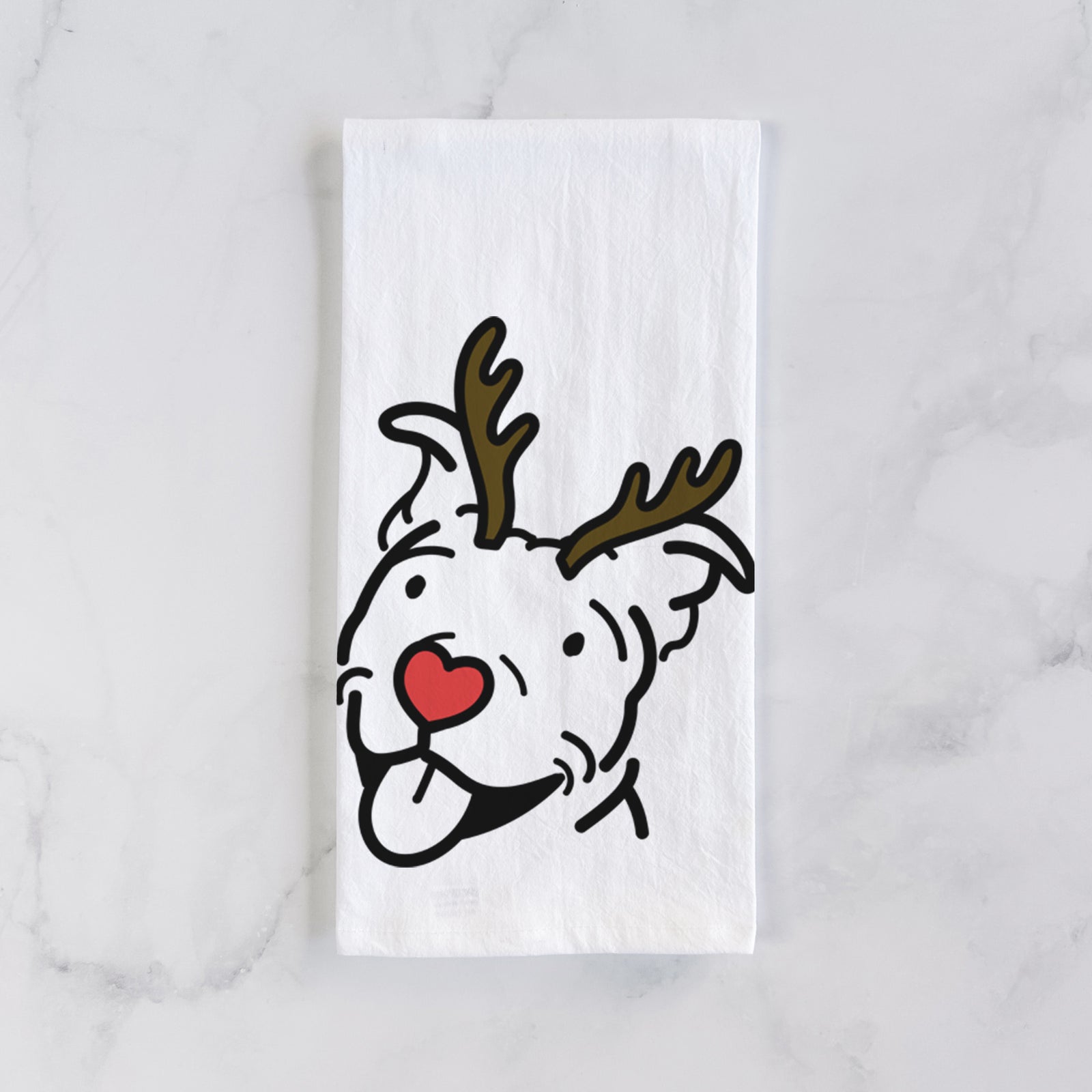 Minimalist line drawing of Arlo the Pitbull with reindeer antlers and a red nose on a tea towel