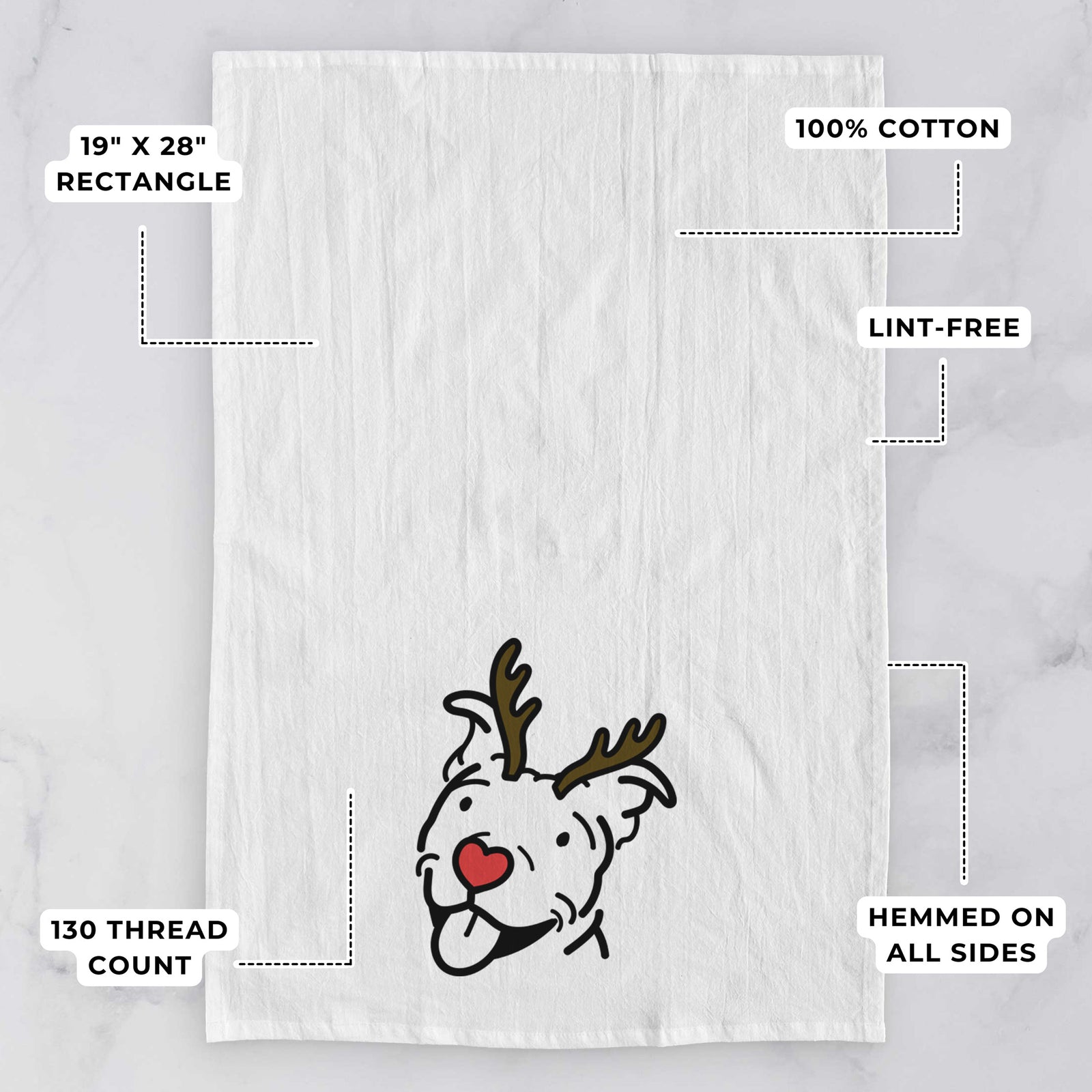 Minimalist line drawing of Arlo the Pitbull with reindeer antlers and a red nose on a tea towel, with feature callouts: 19 x 28 inch rectangle, 100% cotton, lint-free, 120 thread count, hemmed on all sides