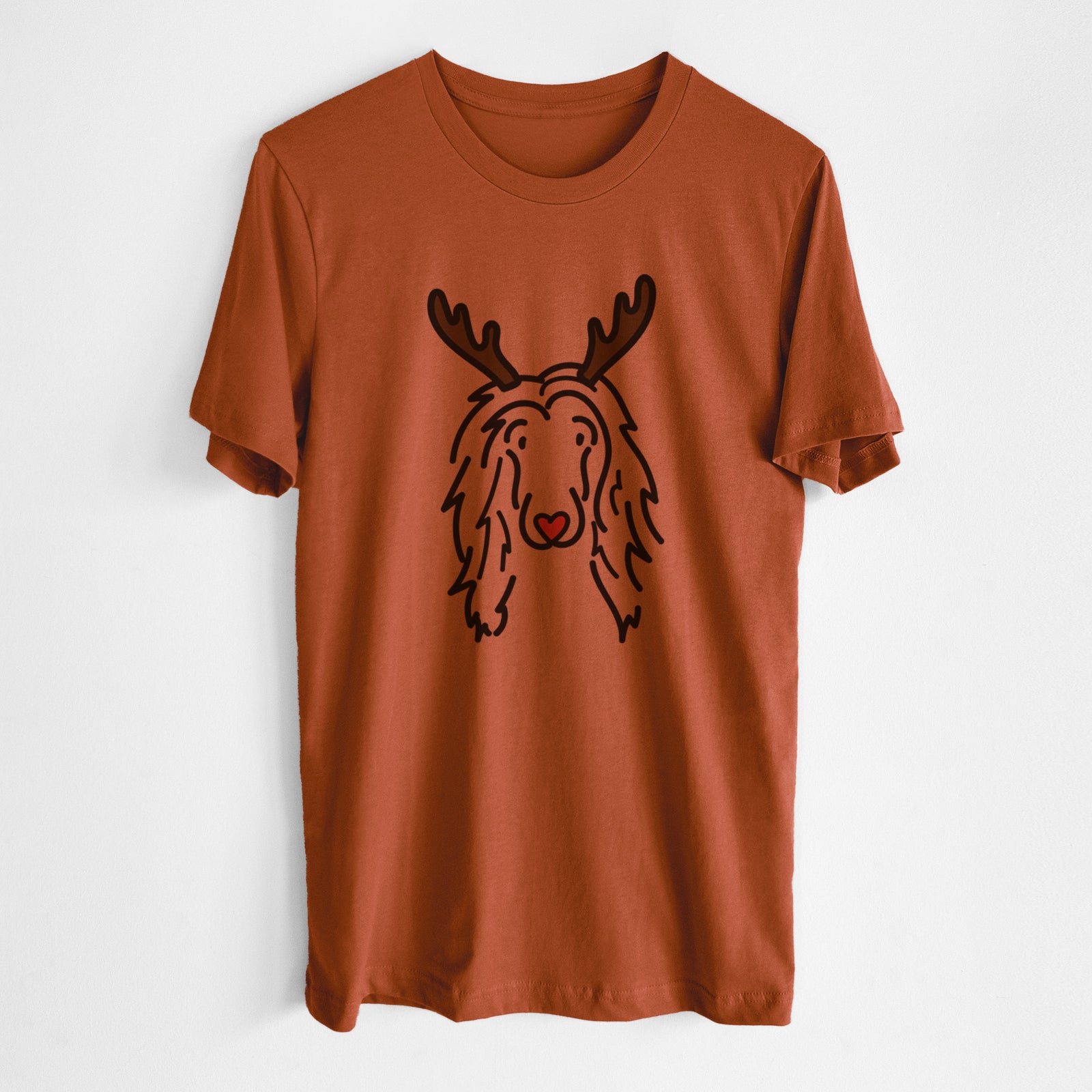 Minimalist line drawing of Asher the Afghan Hound with reindeer antlers and a red nose on an Autumn Unisex crewneck, worn by a man