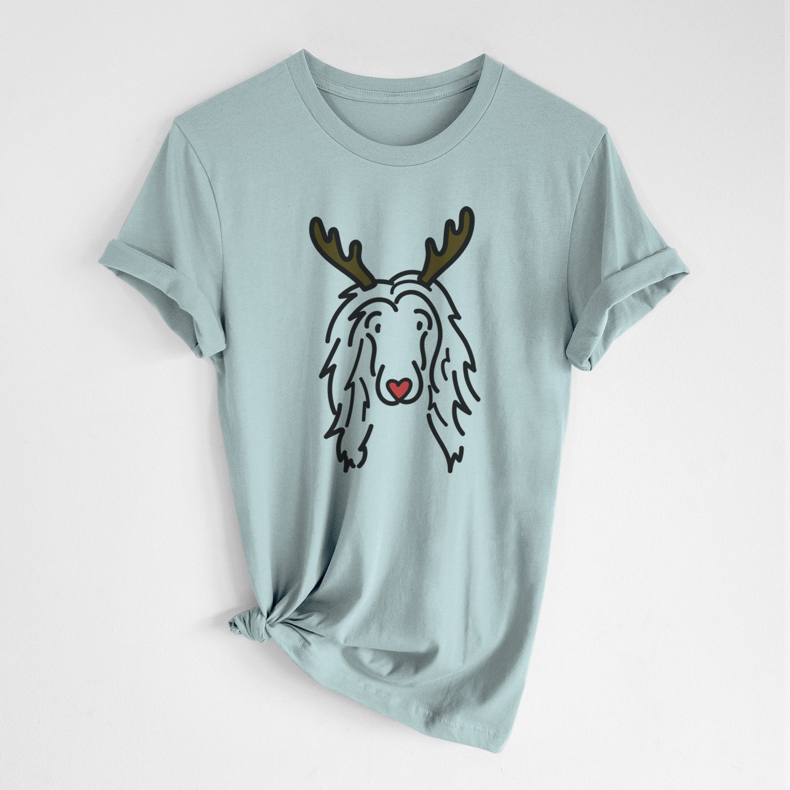 Minimalist line drawing of Asher the Afghan Hound with reindeer antlers and a red nose on a Dusty Blue Unisex crewneck, worn by a woman