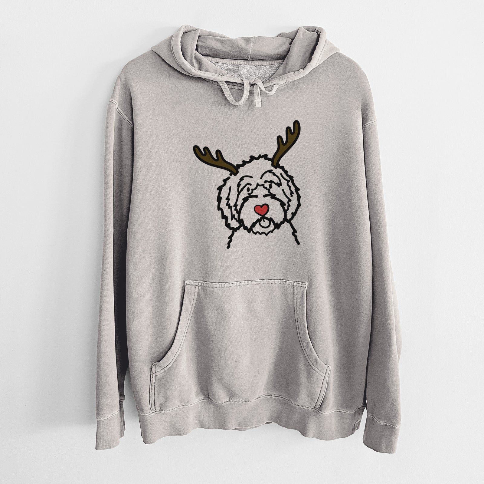Minimalist line drawing of an Aussiedoodle with reindeer antlers and a red nose on a Cement Unisex pigment dyed hoodie