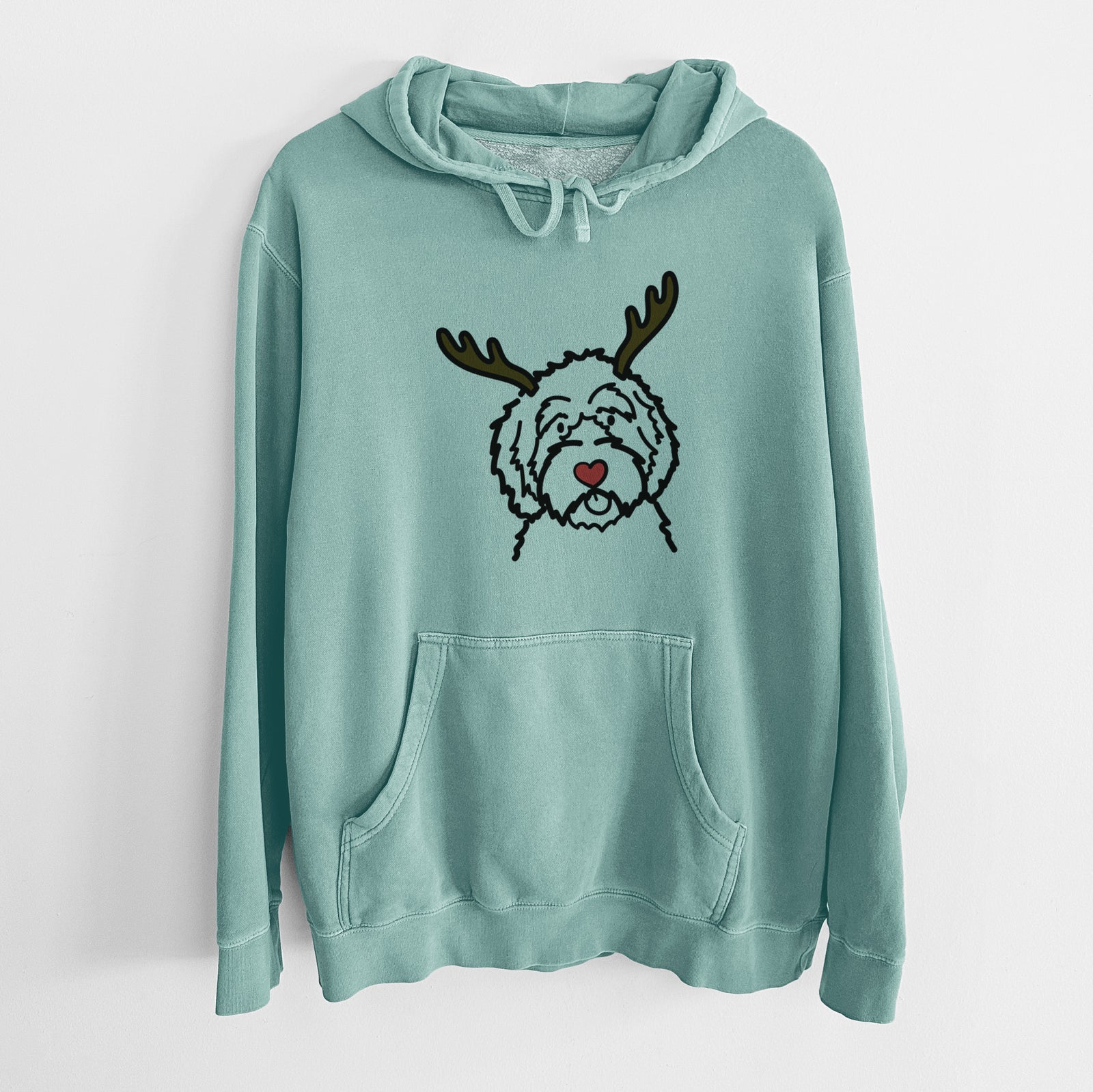 Minimalist line drawing of an Aussiedoodle with reindeer antlers and a red nose on a Mint Unisex pigment dyed hoodie