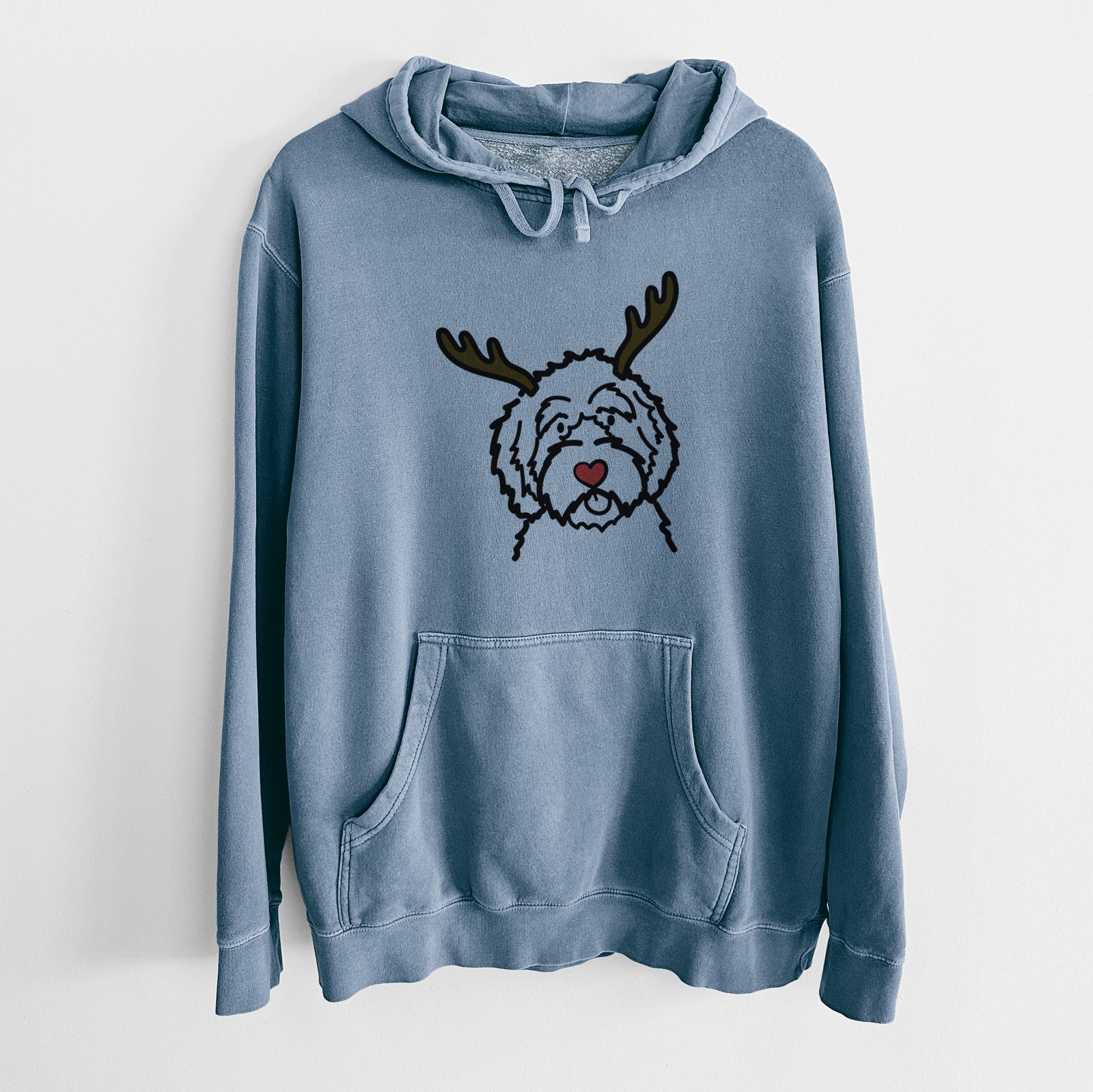 Minimalist line drawing of an Aussiedoodle with reindeer antlers and a red nose on a Slate Blue Unisex pigment dyed hoodie