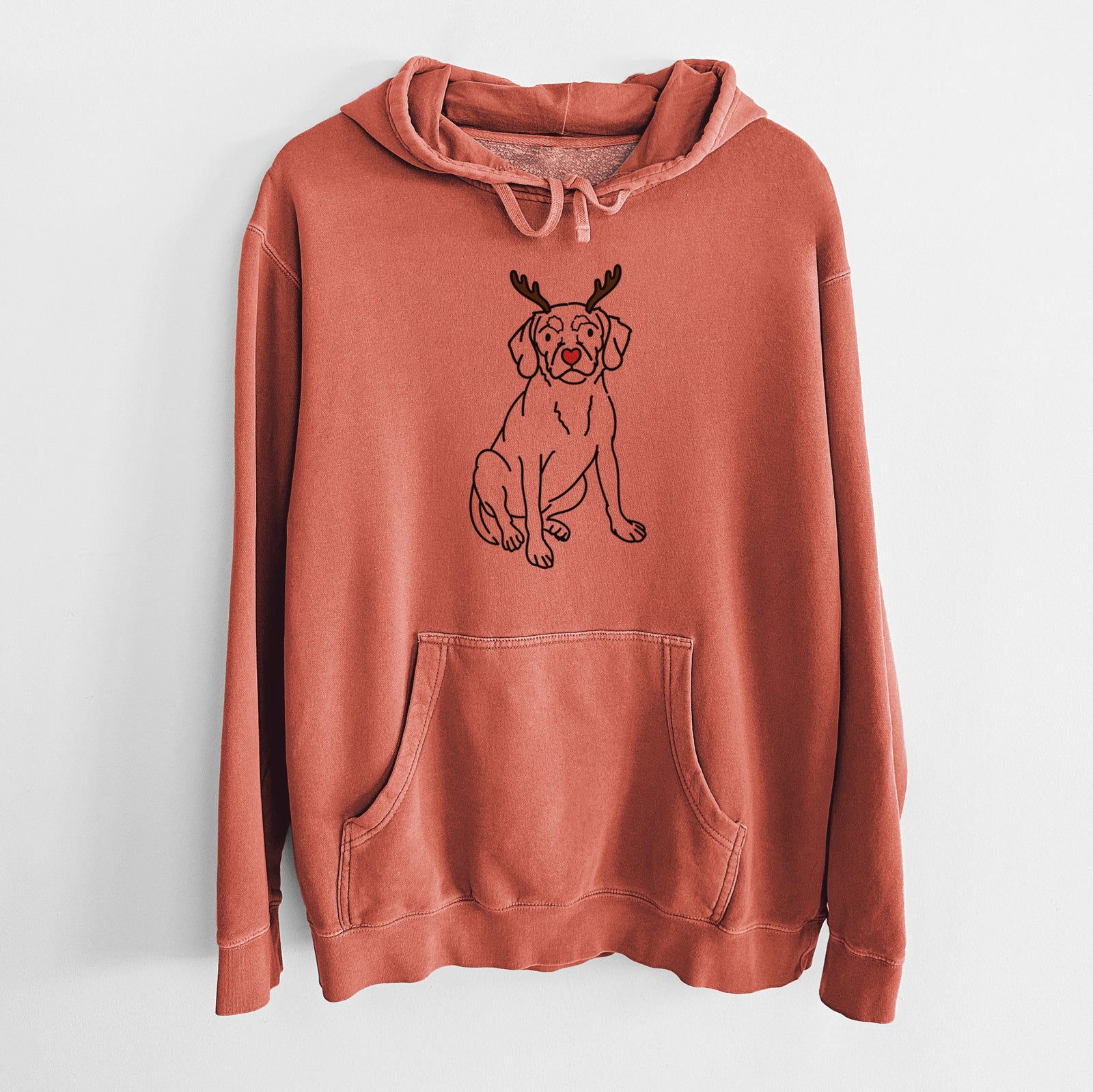 Minimalist line drawing of Babs the Puggle with reindeer antlers and a red nose on an Amber Unisex pigment dyed hoodie