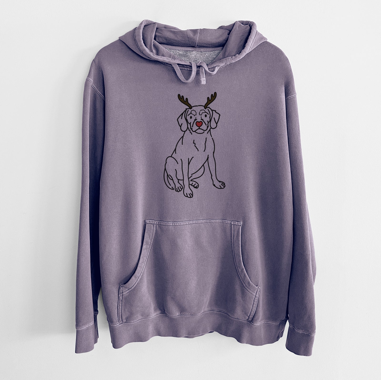 Minimalist line drawing of Babs the Puggle with reindeer antlers and a red nose on a Plum Unisex pigment dyed hoodie