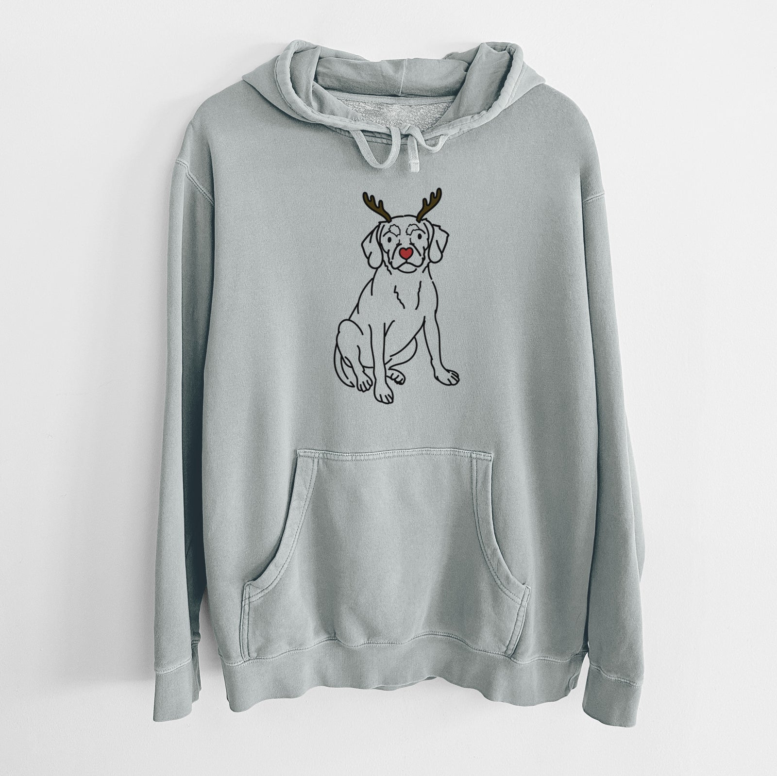 Minimalist line drawing of Babs the Puggle with reindeer antlers and a red nose on a Sage Unisex pigment dyed hoodie