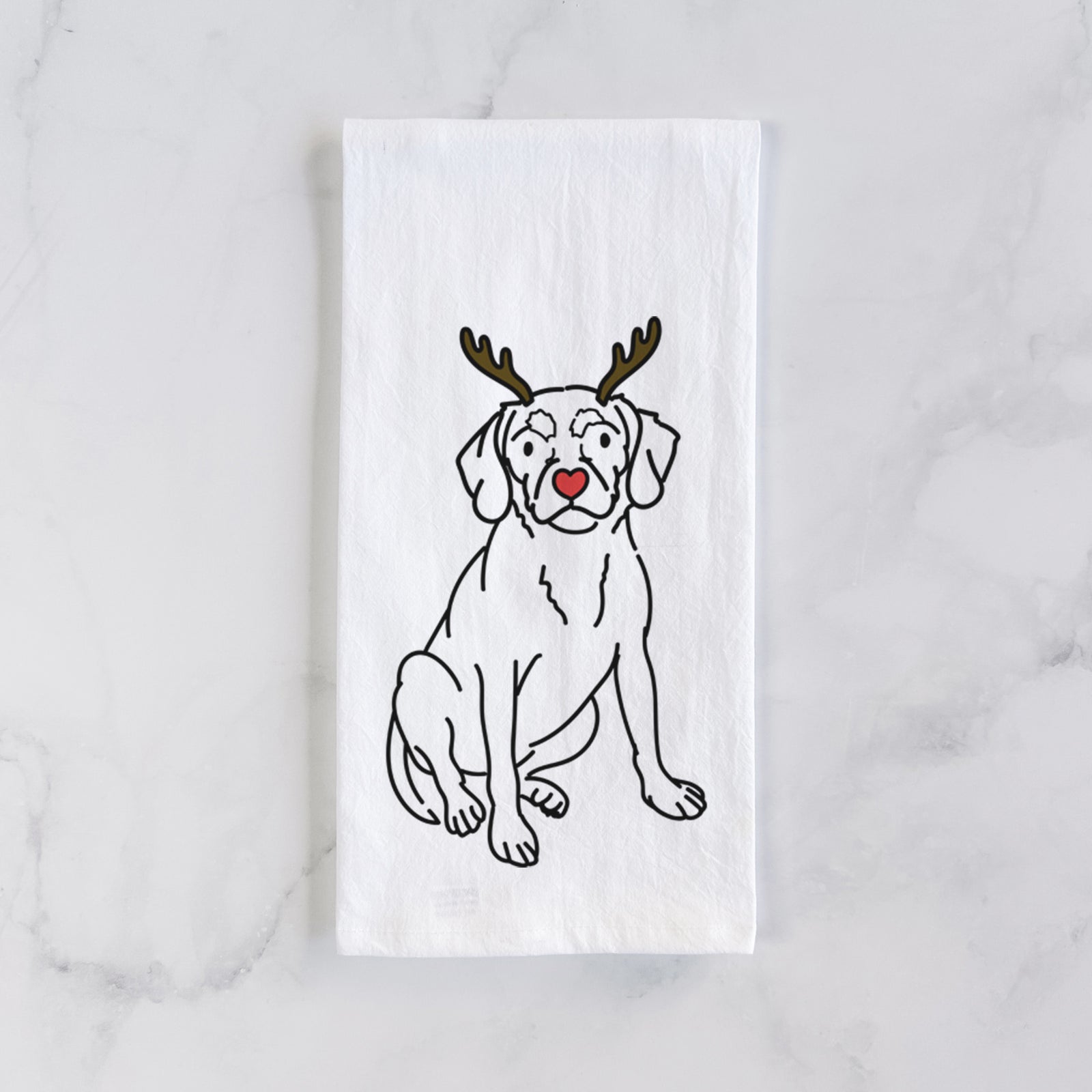 Minimalist line drawing of Babs the Puggle with reindeer antlers and a red nose on a tea towel