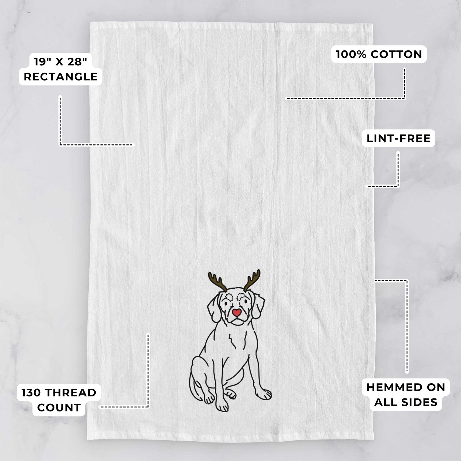 Minimalist line drawing of Babs the Puggle with reindeer antlers and a red nose on a tea towel, with feature callouts: 19 x 28 inch rectangle, 100% cotton, lint-free, 120 thread count, hemmed on all sides