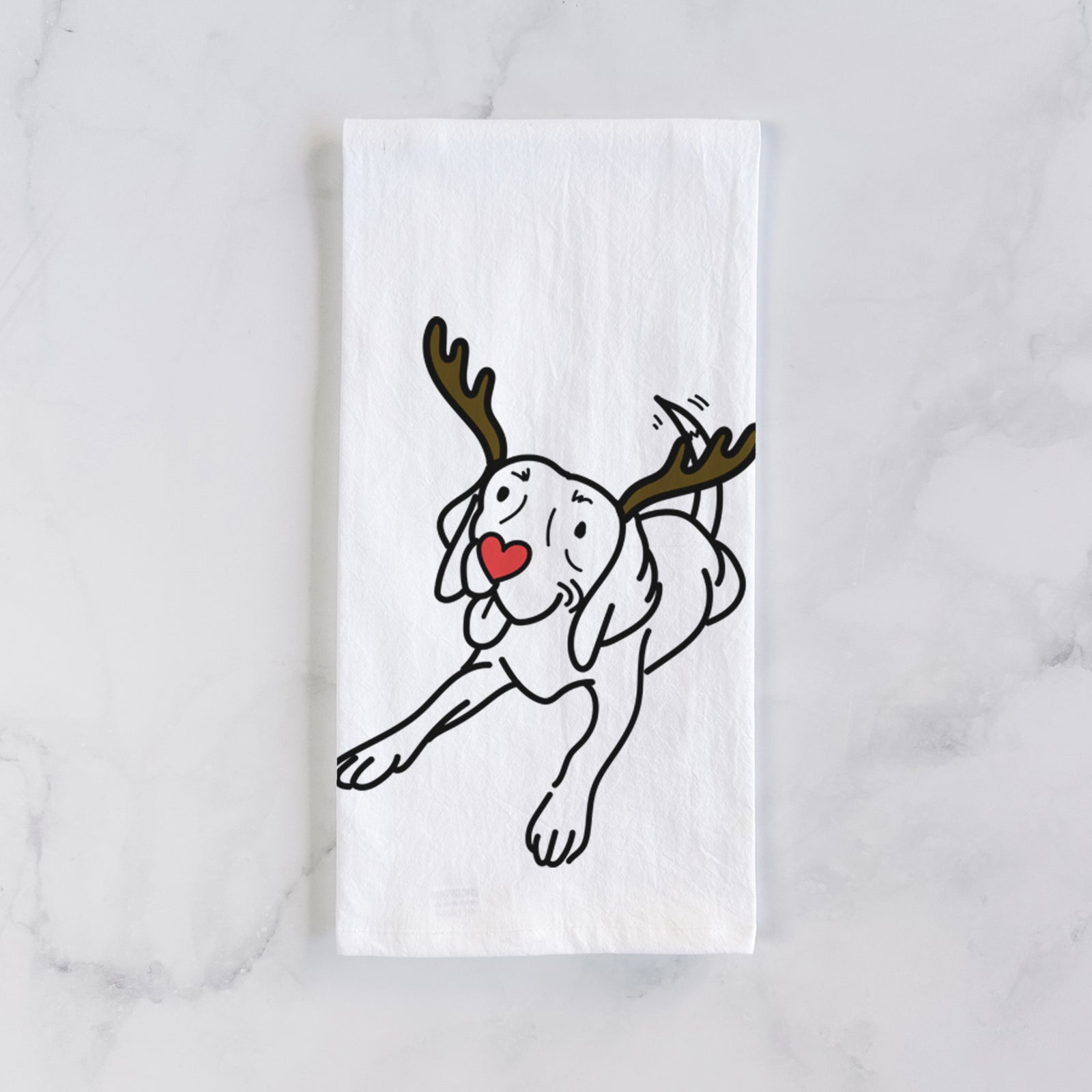 Minimalist line drawing of Bagel the Beagle with reindeer antlers and a red nose on a tea towel