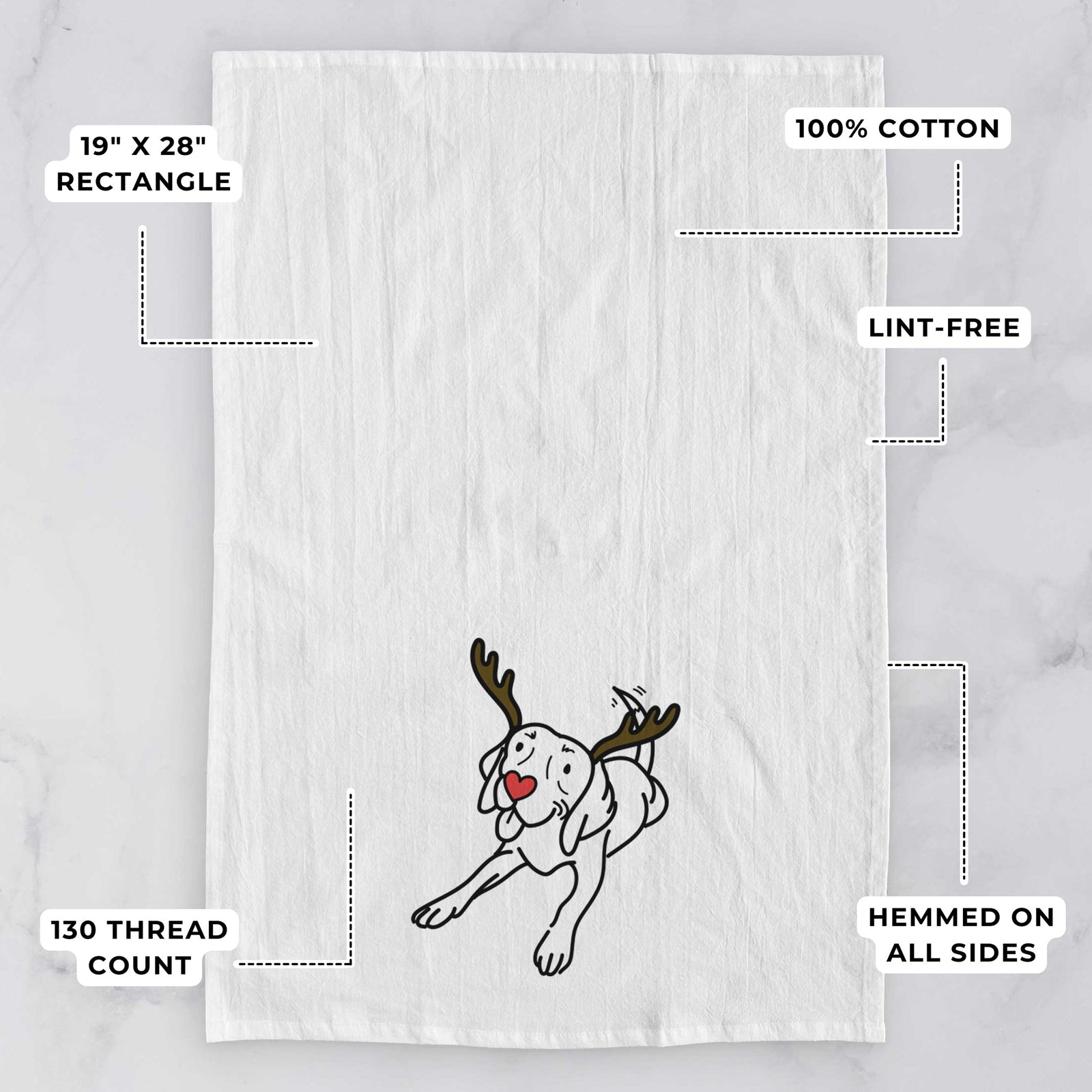 Minimalist line drawing of Bagel the Beagle with reindeer antlers and a red nose on a tea towel, with feature callouts: 19 x 28 inch rectangle, 100% cotton, lint-free, 120 thread count, hemmed on all sides