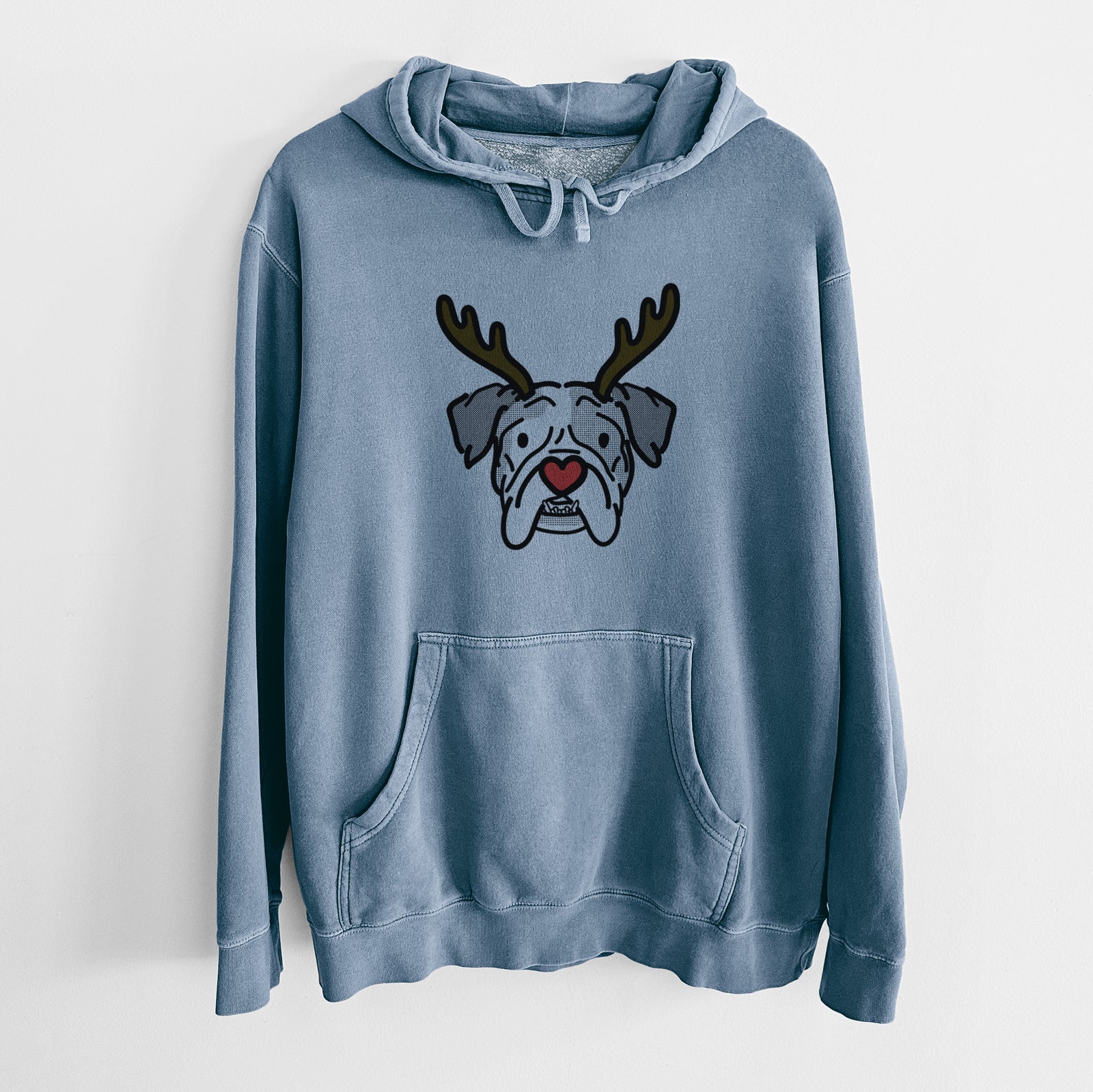 Minimalist line drawing of Bailey the English Bulldog with reindeer antlers and a red nose on a Slate Blue Unisex pigment dyed hoodie