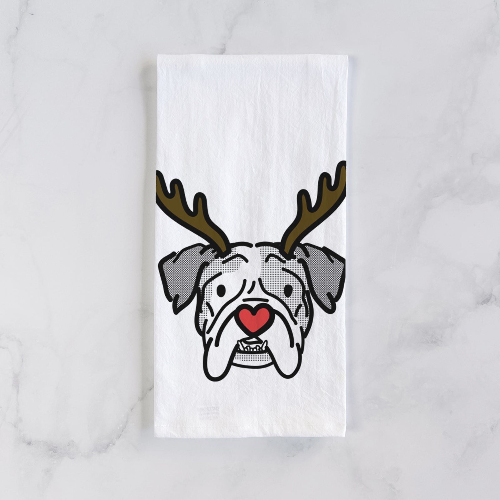 Minimalist line drawing of Bailey the English Bulldog with reindeer antlers and a red nose on a tea towel