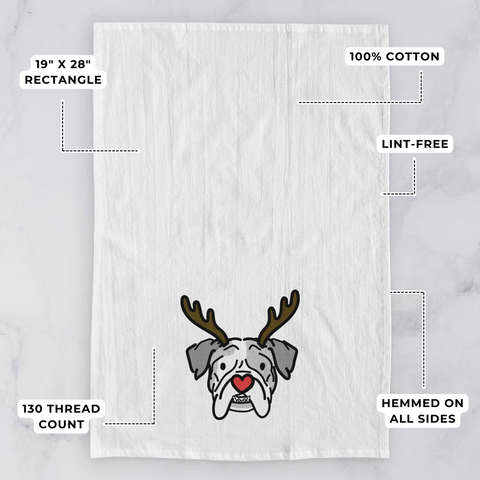 Minimalist line drawing of Bailey the English Bulldog with reindeer antlers and a red nose on a tea towel, with feature callouts: 19 x 28 inch rectangle, 100% cotton, lint-free, 120 thread count, hemmed on all sides