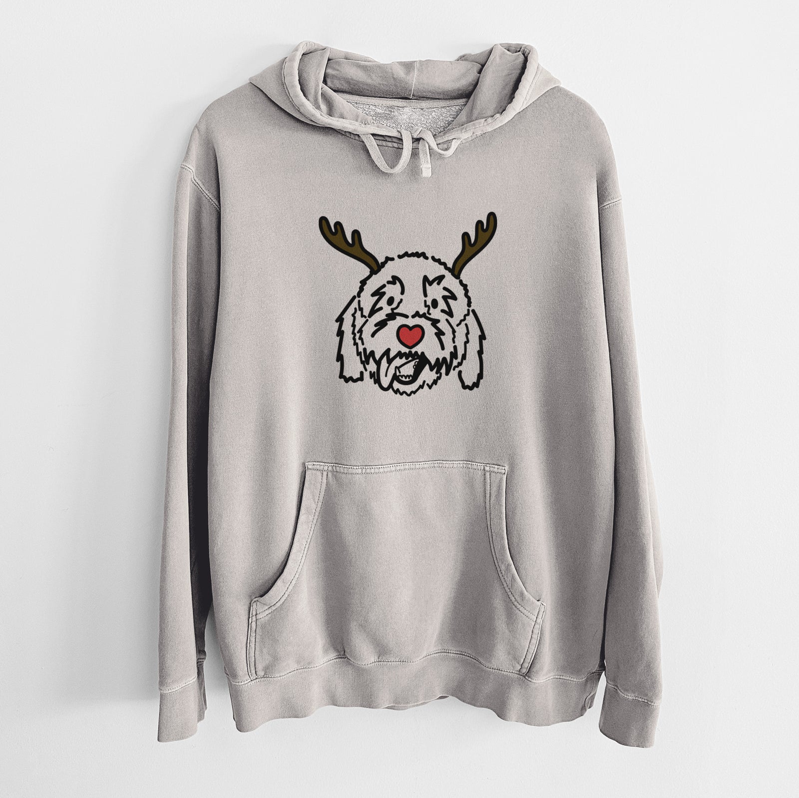 Minimalist line drawing of Barry the Goldendoodle with reindeer antlers and a red nose on a Cement Unisex pigment dyed hoodie