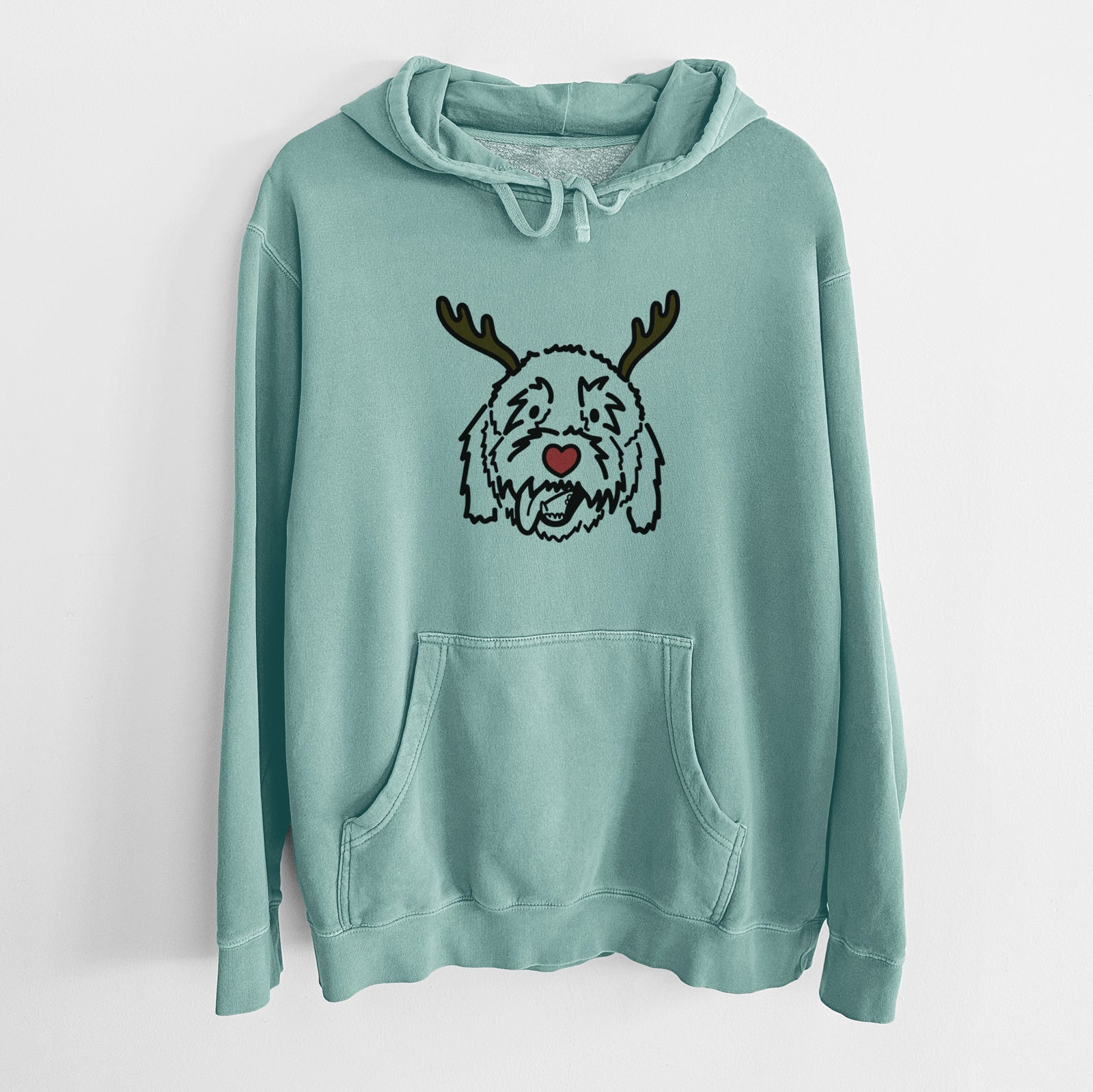 Minimalist line drawing of Barry the Goldendoodle with reindeer antlers and a red nose on a Mint Unisex pigment dyed hoodie