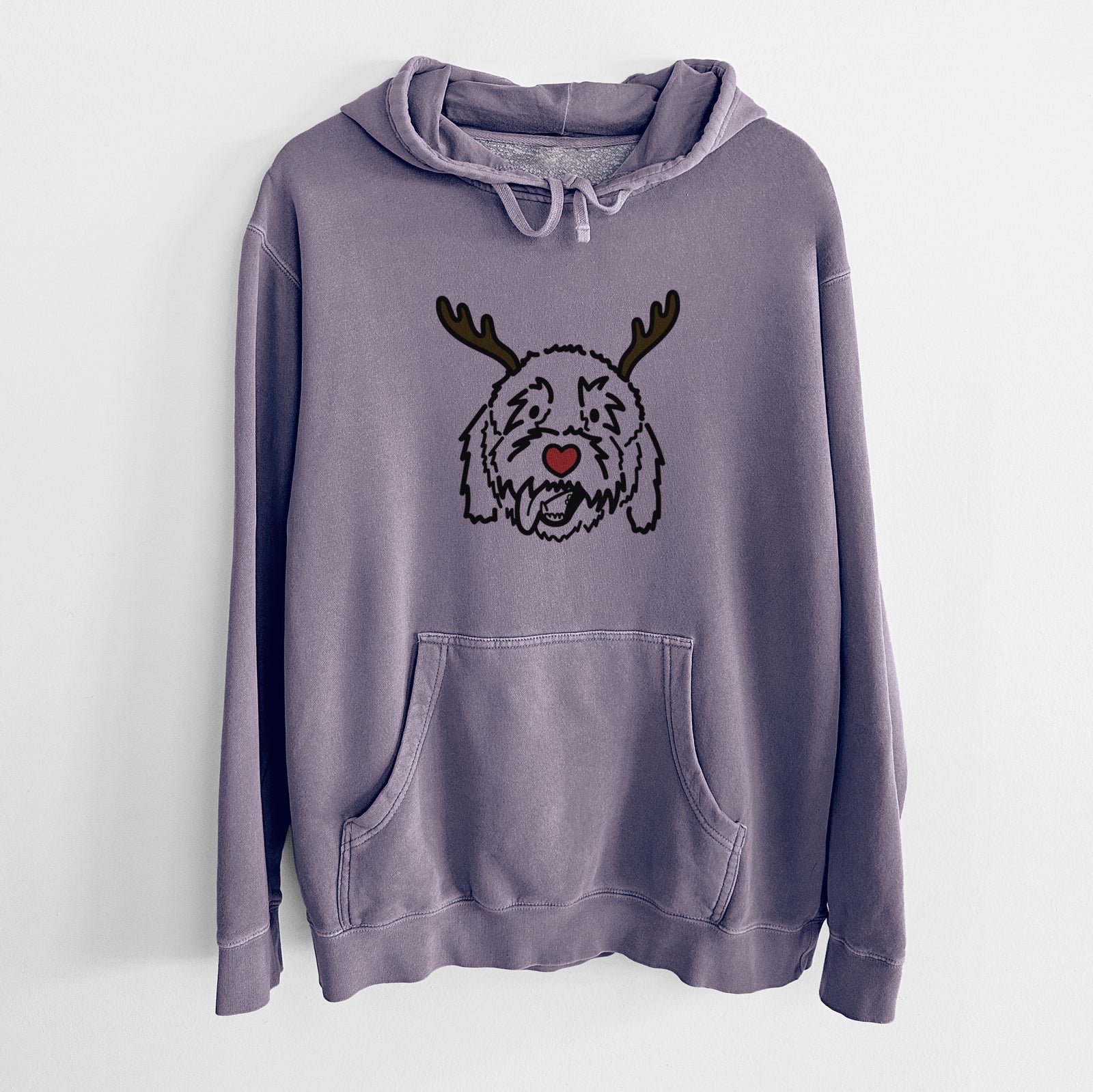Minimalist line drawing of Barry the Goldendoodle with reindeer antlers and a red nose on a Plum Unisex pigment dyed hoodie