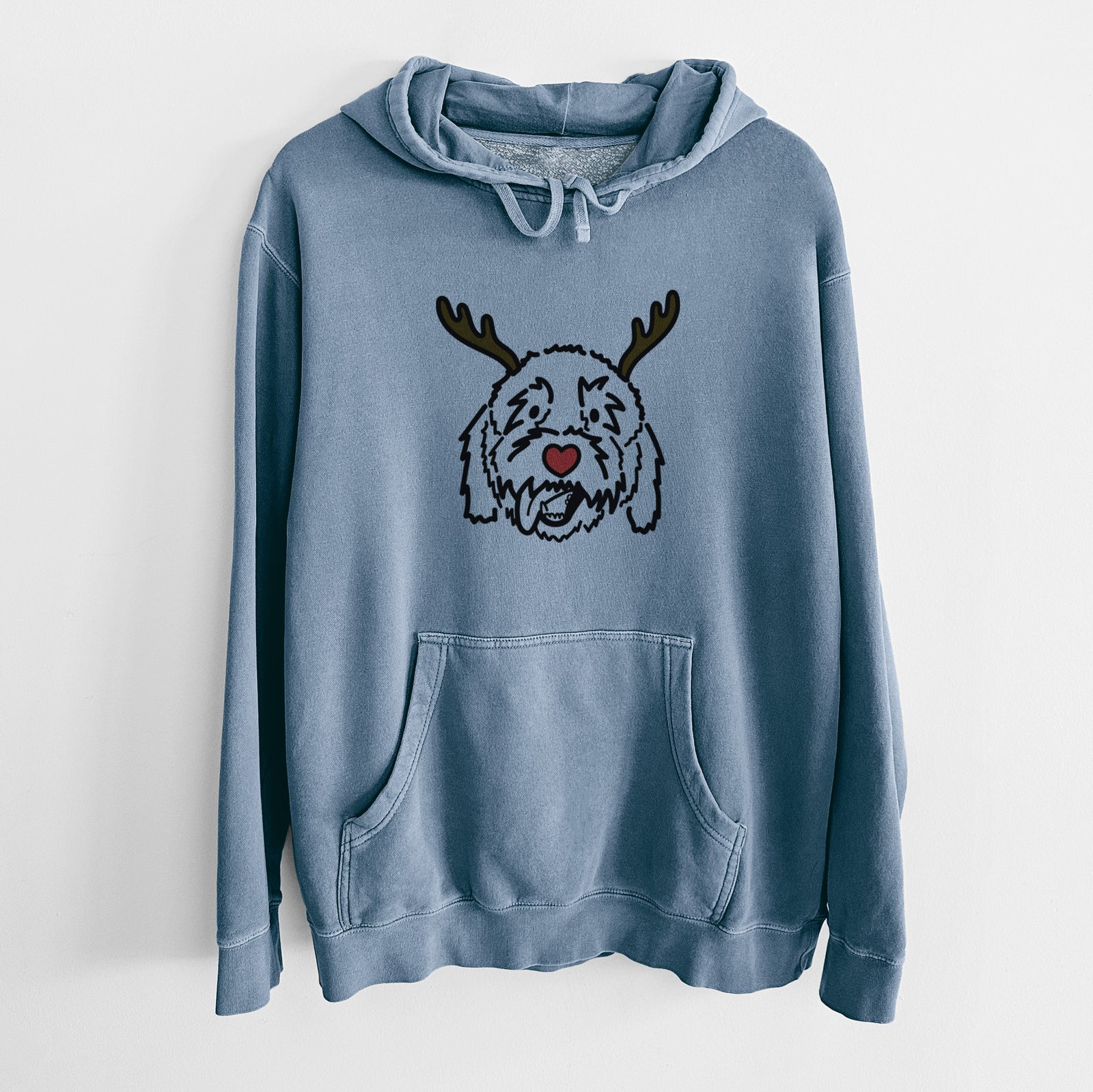 Minimalist line drawing of Barry the Goldendoodle with reindeer antlers and a red nose on a Slate Blue Unisex pigment dyed hoodie