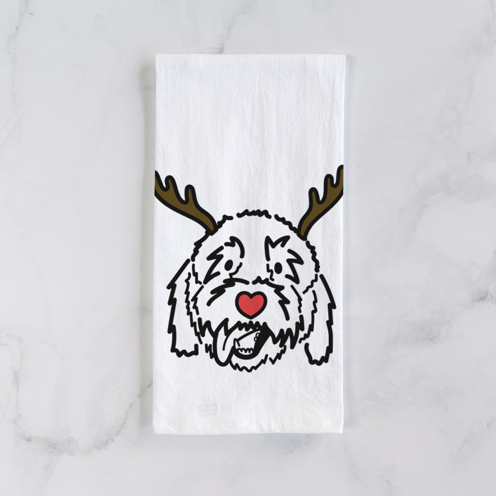 Minimalist line drawing of Barry the Goldendoodle with reindeer antlers and a red nose on a tea towel