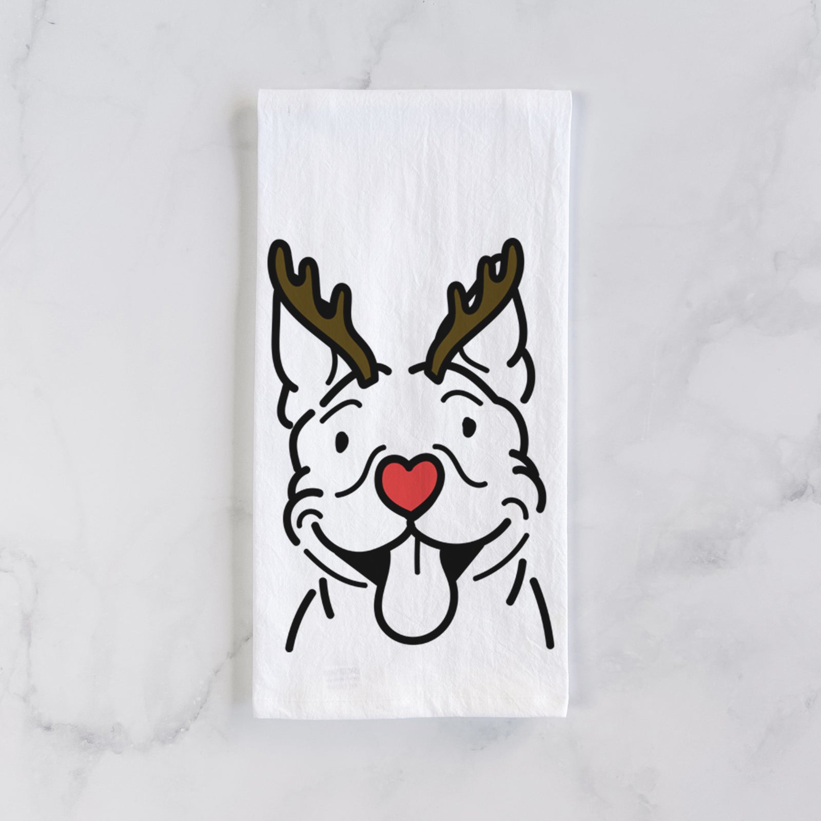 Minimalist line drawing of Basil the Pitbull with reindeer antlers and a red nose on a tea towel